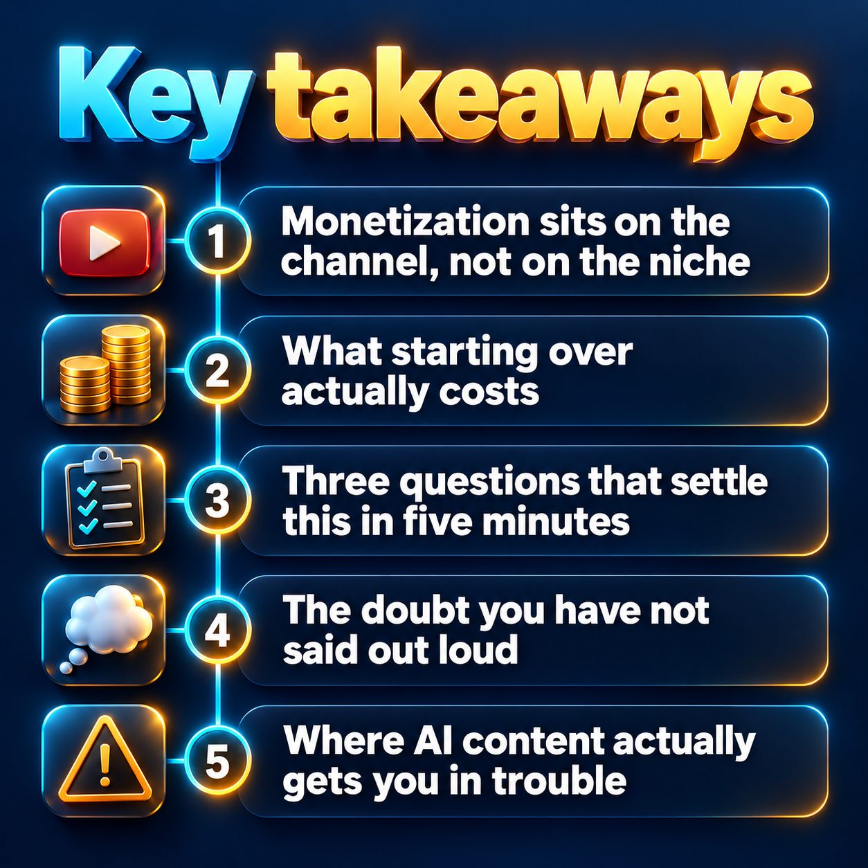 Key takeaways: Monetization sits on the channel, not on the niche; What starting over actually costs; Three questions that settle this in five minutes; The doubt you have not said out loud; Where AI content actually gets you in trouble