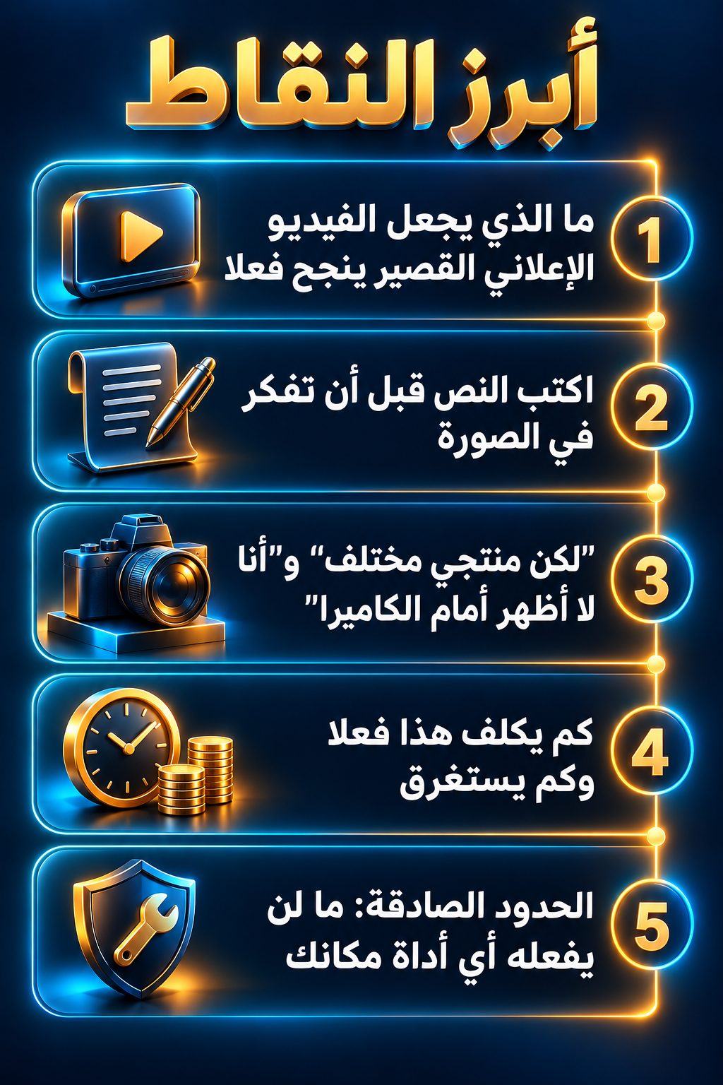 أبرز النقاط: ما الذي يجعل الفيديو الإعلاني القصير ينجح فعلا; اكتب النص قبل أن تفكر في الصورة; "لكن منتجي مختلف" و"أنا لا أظهر أمام الكاميرا"; كم يكلف هذا فعلا وكم يستغرق; الحدود الصادقة: ما لن تفعله أي أداة مكانك