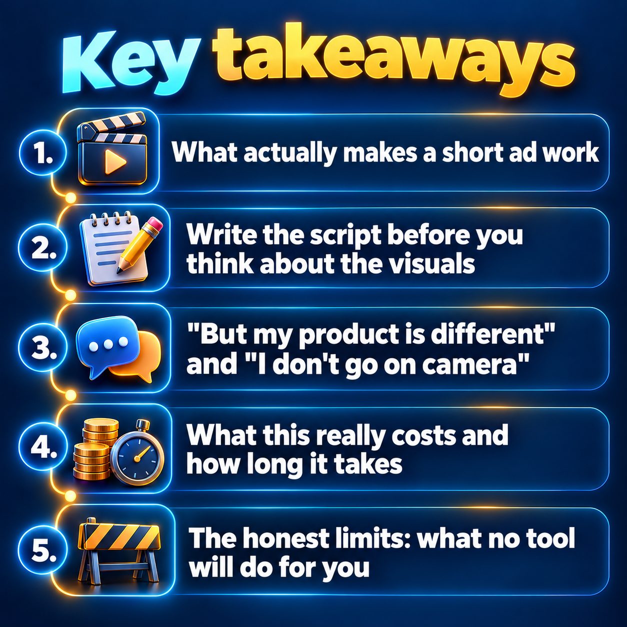 Key takeaways: What actually makes a short ad work; Write the script before you think about the visuals; "But my product is different" and "I don't go on camera"; What this really costs and how long it takes; The honest limits: what no tool will do for you