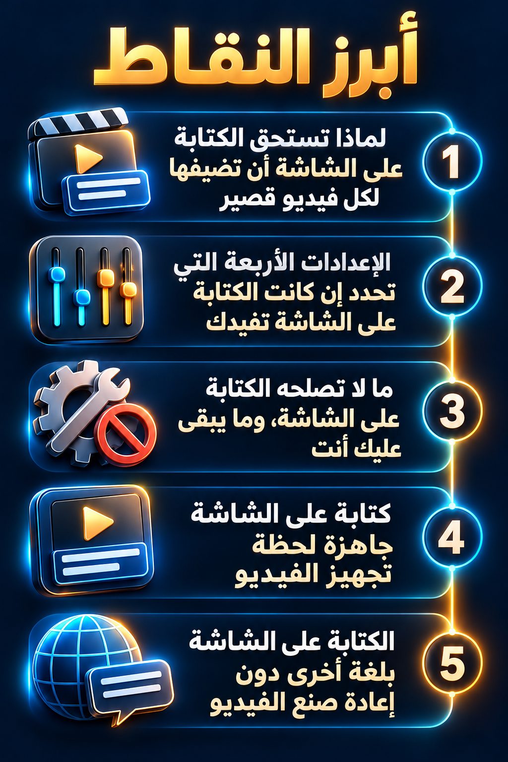 أبرز النقاط: لماذا تستحق الكتابة على الشاشة أن تضيفها لكل فيديو قصير; الإعدادات الأربعة التي تحدد إن كانت الكتابة على الشاشة تفيدك; ما لا تصلحه الكتابة على الشاشة، وما يبقى عليك أنت; كتابة على الشاشة جاهزة لحظة تجهيز الفيديو; الكتابة على الشاشة بلغة أخرى دون إعادة صنع الفيديو