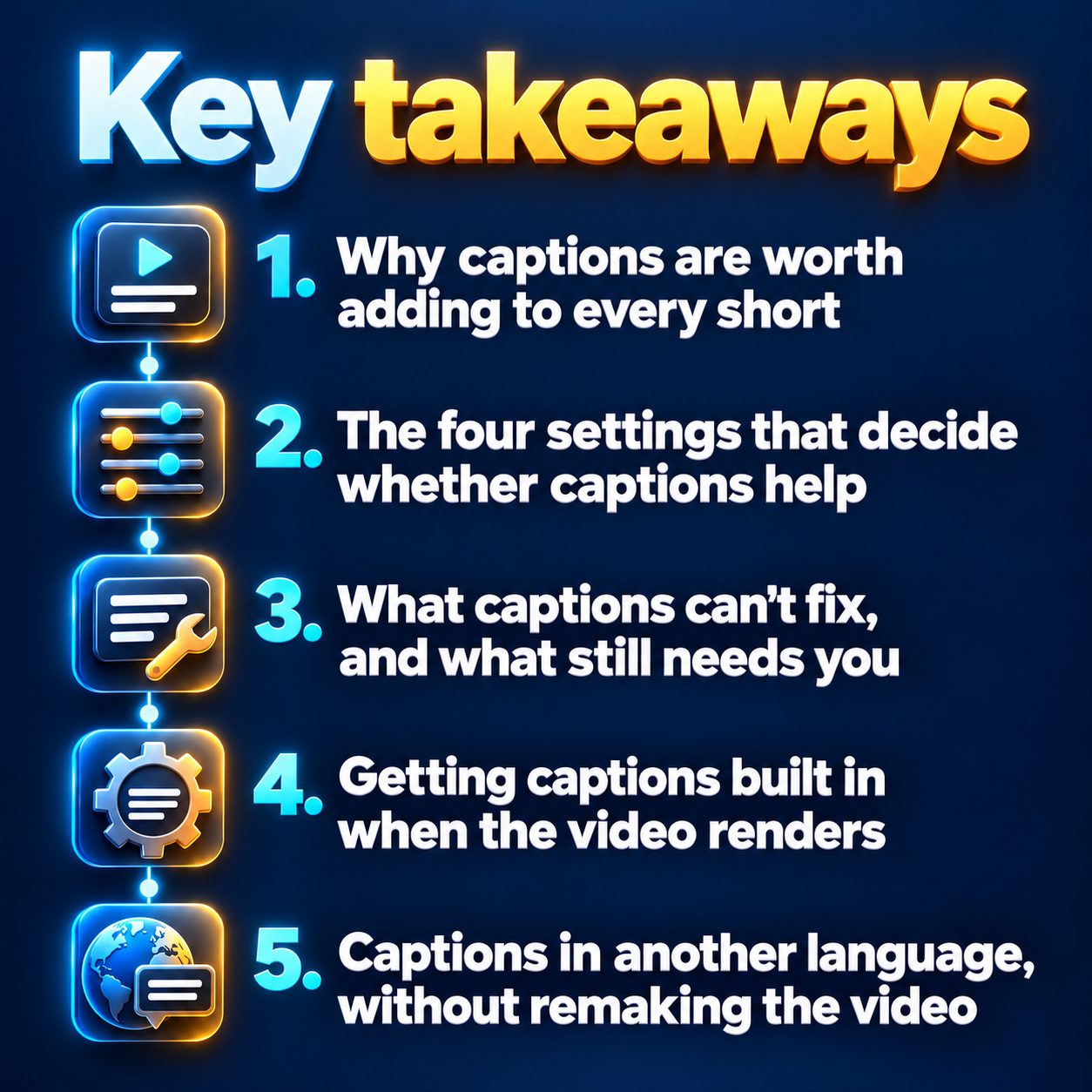 Key takeaways: Why captions are worth adding to every short; The four settings that decide whether captions help; What captions can't fix, and what still needs you; Getting captions built in when the video renders; Captions in another language, without remaking the video