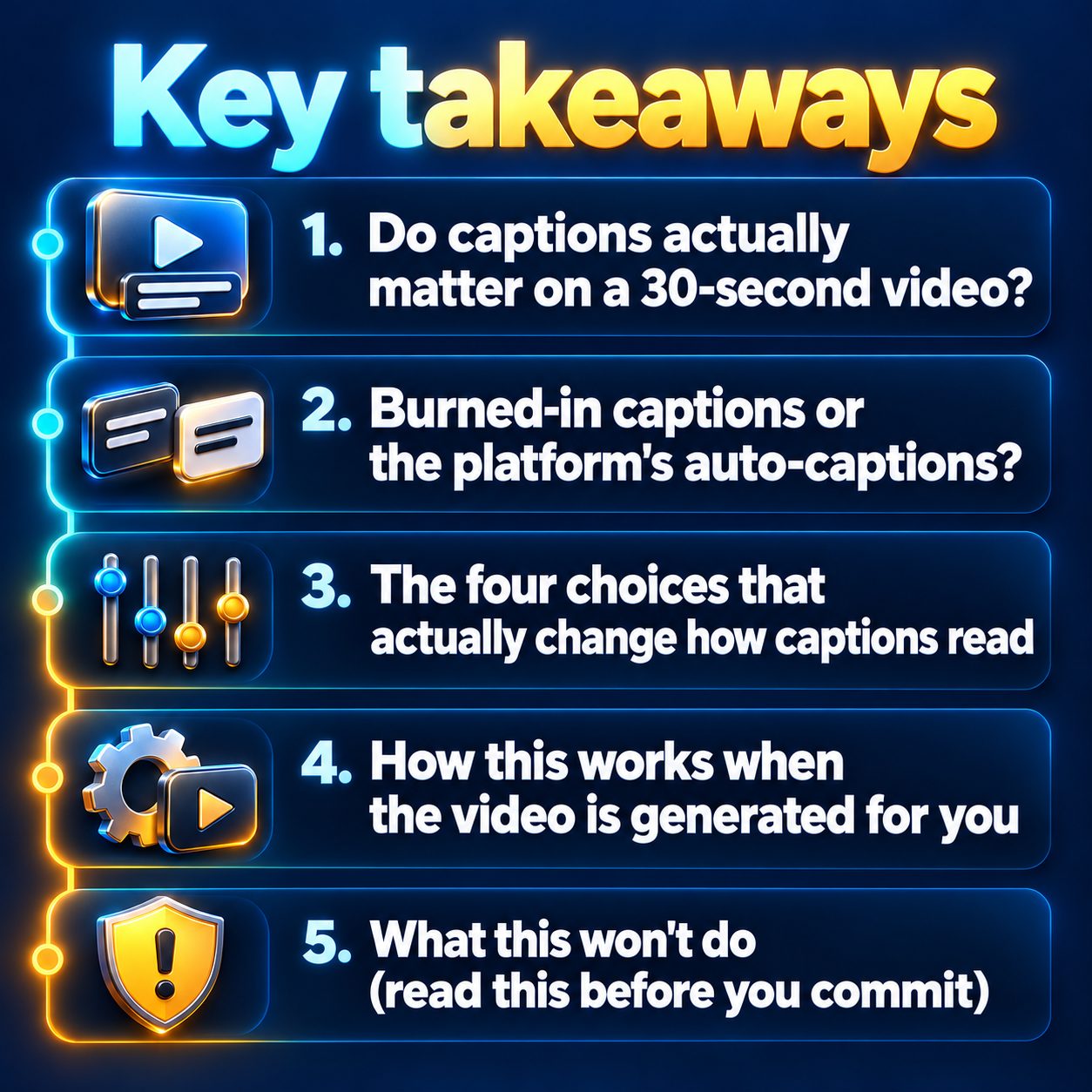 Key takeaways: Do captions actually matter on a 30-second video?; Burned-in captions or the platform's auto-captions?; The four choices that actually change how captions read; How this works when the video is generated for you; What this won't do (read this before you commit)