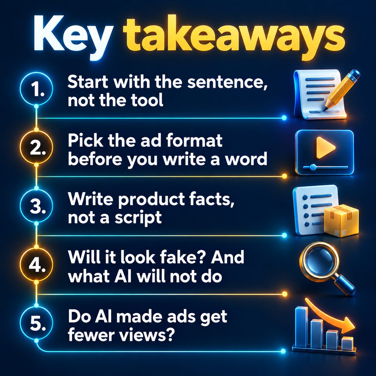 Key takeaways: Start with the sentence, not the tool; Pick the ad format before you write a word; Write product facts, not a script; Will it look fake? And what AI will not do; Do AI made ads get fewer views?