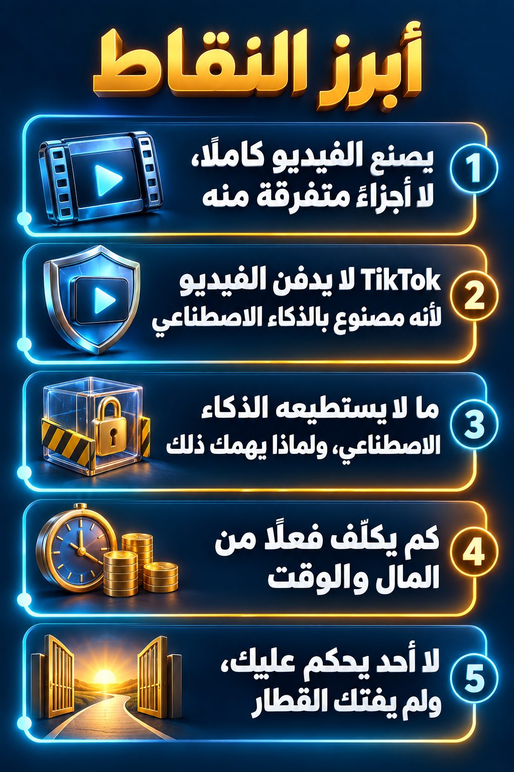 أبرز النقاط: 1. يصنع الفيديو كاملًا، لا أجزاءً منه; 2. TikTok لا يدفن الفيديو لأنه مصنوع بالذكاء الاصطناعي; 3. ما لا يستطيعه الذكاء الاصطناعي، ولماذا يهمك ذلك; 4. كم يكلّف فعلًا من المال والوقت; 5. لا أحد يحكم عليك، ولم يفتك القطار