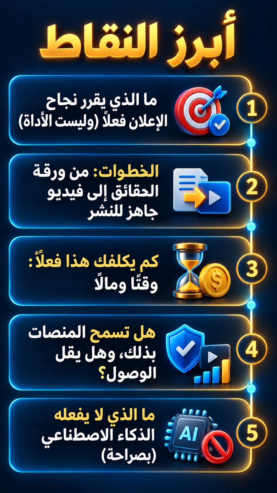 أبرز النقاط: ما الذي يقرر نجاح الإعلان فعلًا (وليست الأداة); الخطوات: من ورقة الحقائق إلى فيديو جاهز للنشر; كم يكلفك هذا فعلًا من الوقت والمال; هل تسمح المنصات بذلك، وهل يقل الوصول؟; ما الذي لا يفعله الذكاء الاصطناعي (بصراحة)