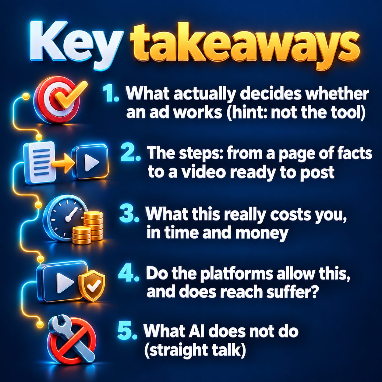 Key takeaways: What actually decides whether an ad works (hint: not the tool); The steps: from a page of facts to a video ready to post; What this really costs you, in time and money; Do the platforms allow this, and does reach suffer?; What AI does not do (straight talk)