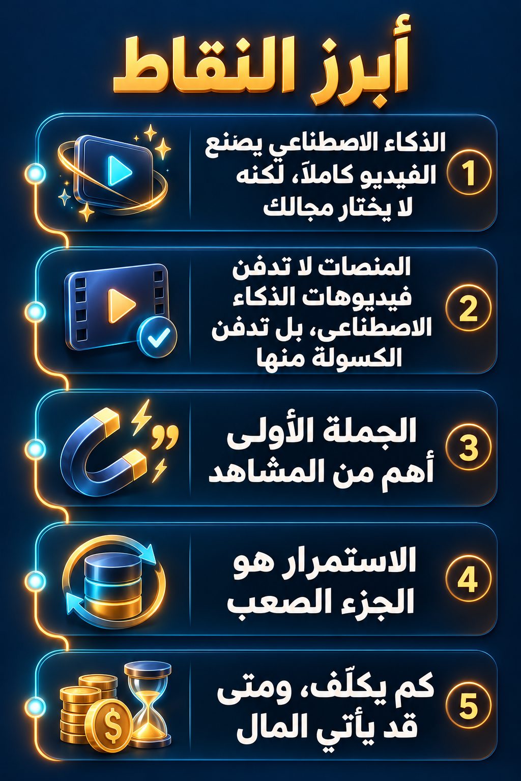 أبرز النقاط: 1. الذكاء الاصطناعي يصنع الفيديو كاملًا، لكنه لا يختار مجالك; 2. المنصات لا تدفن فيديوهات الذكاء الاصطناعي، بل تدفن الكسولة منها; 3. الجملة الأولى أهم من المشاهد; 4. الاستمرار هو الجزء الصعب; 5. كم يكلّف، ومتى قد يأتي المال