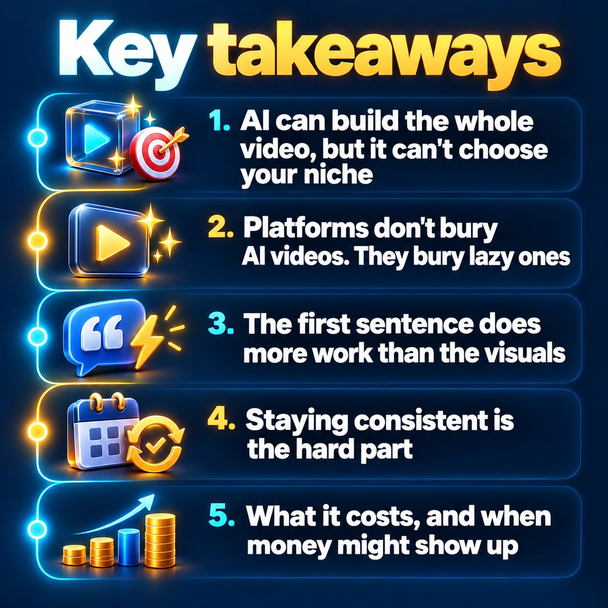 Key takeaways: 1. AI can build the whole video, but it can't choose your niche; 2. Platforms don't bury AI videos. They bury lazy ones; 3. The first sentence does more work than the visuals; 4. Staying consistent is the hard part; 5. What it costs, and when money might show up