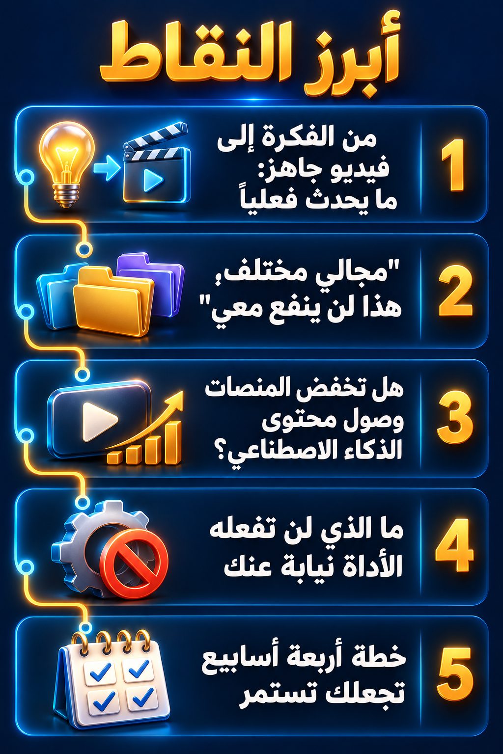 أبرز النقاط: من الفكرة إلى فيديو جاهز: ماذا يحدث فعلًا; "مجالي مختلف، وهذا لن ينفع معي"; هل تقلل المنصات انتشار محتوى الذكاء الاصطناعي؟; ما الذي لن تفعله الأداة بدلًا منك; خطة أربعة أسابيع تساعدك على الاستمرار