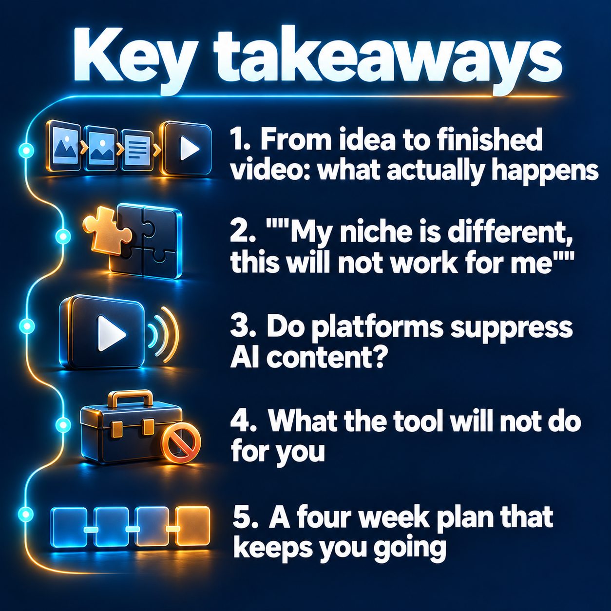 Key takeaways: From idea to finished video: what actually happens; "My niche is different, this will not work for me"; Do platforms suppress AI content?; What the tool will not do for you; A four week plan that keeps you going
