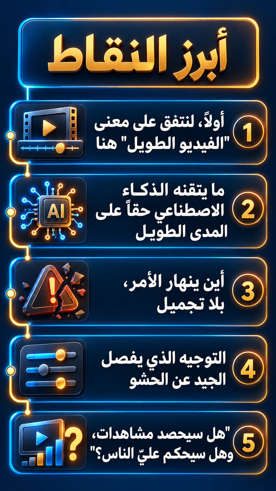 أبرز النقاط: أولاً، لنتفق على معنى "الفيديو الطويل" هنا; ما يتقنه الذكاء الاصطناعي حقاً في الفيديو الطويل; أين يفشل الأمر، بصراحة; التوجيه الذي يفرّق بين الفيديو الجيد والحشو; "هل سيحصد مشاهدات، وهل سيحكم عليّ الناس؟"