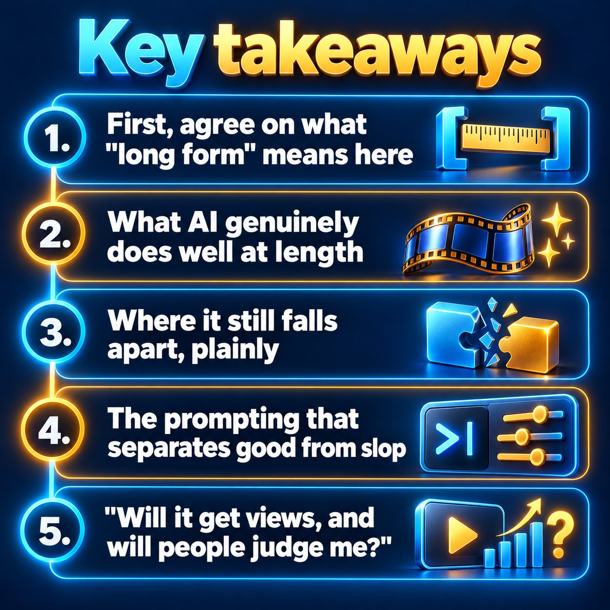 Key takeaways: First, agree on what "long form" means here; What AI genuinely does well at length; Where it still falls apart, plainly; The prompting that separates good from slop; "Will it get views, and will people judge me?"