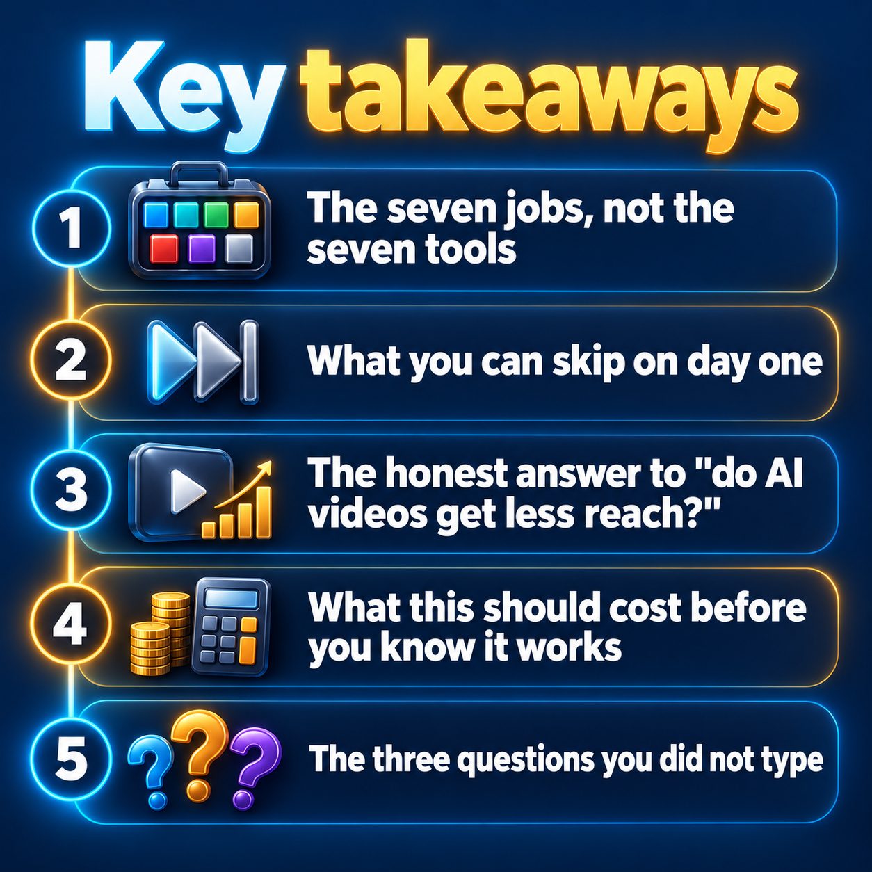 Key takeaways: The seven jobs, not the seven tools; What you can skip on day one; The honest answer to "do AI videos get less reach?"; What this should cost before you know it works; The three questions you did not type