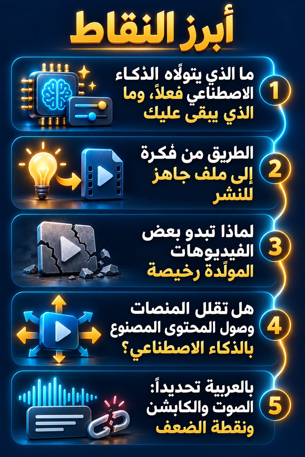 أبرز النقاط: ما الذي يتولاه الذكاء الاصطناعي فعلًا، وما الذي يبقى عليك; الطريق من فكرة إلى ملف جاهز للنشر; لماذا تبدو بعض الفيديوهات المولَّدة رخيصة; هل تقلل المنصات وصول المحتوى المصنوع بالذكاء الاصطناعي؟; بالعربية تحديدًا: الصوت والكتابة على الشاشة ونقطة الضعف