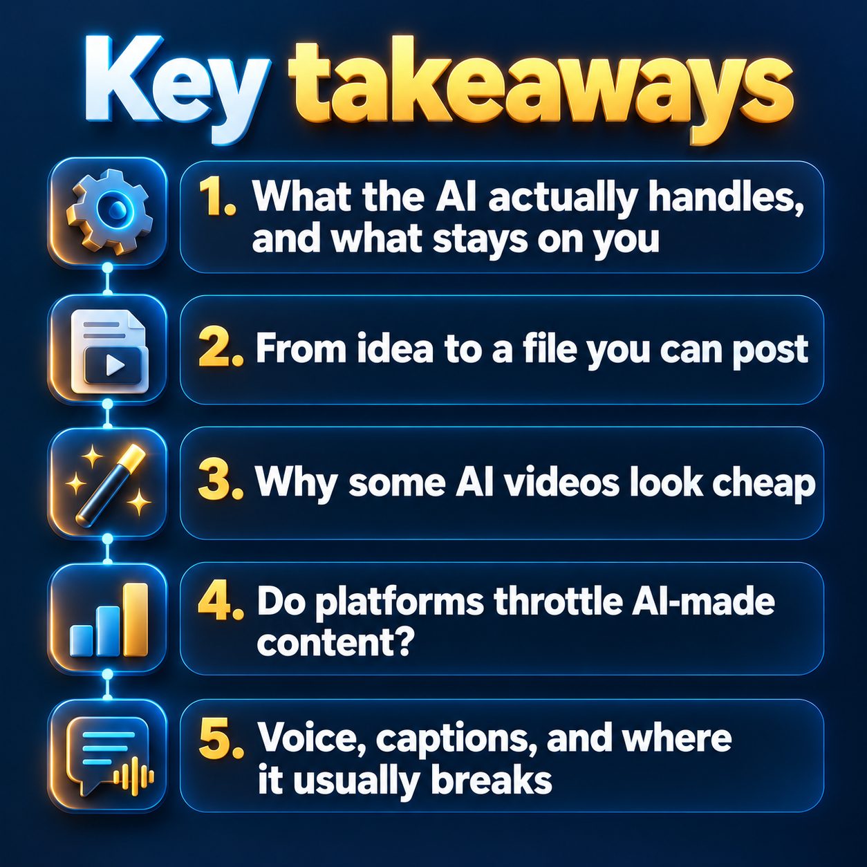 Key takeaways: What the AI actually handles, and what stays on you; From idea to a file you can post; Why some AI videos look cheap; Do platforms throttle AI-made content?; Voice, captions, and where it usually breaks