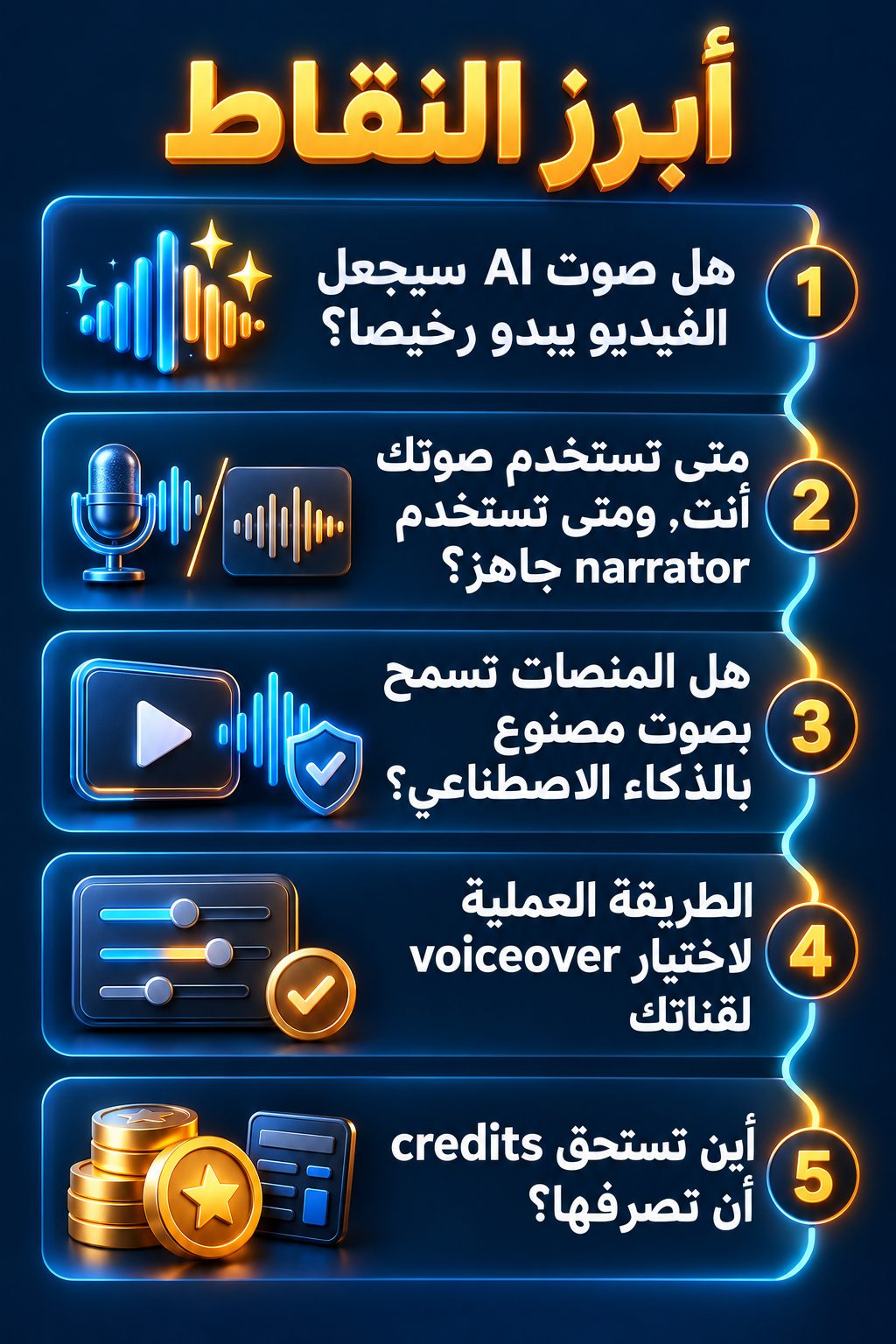 أبرز النقاط: هل يجعل صوت AI الفيديو يبدو رخيصا؟; متى تستخدم صوتك أنت، ومتى تستخدم راويا جاهزا؟; هل تسمح المنصات بالصوت المصنوع بالذكاء الاصطناعي؟; طريقة عملية لاختيار التعليق الصوتي لقناتك; أين تصرف رصيدك من credits؟
