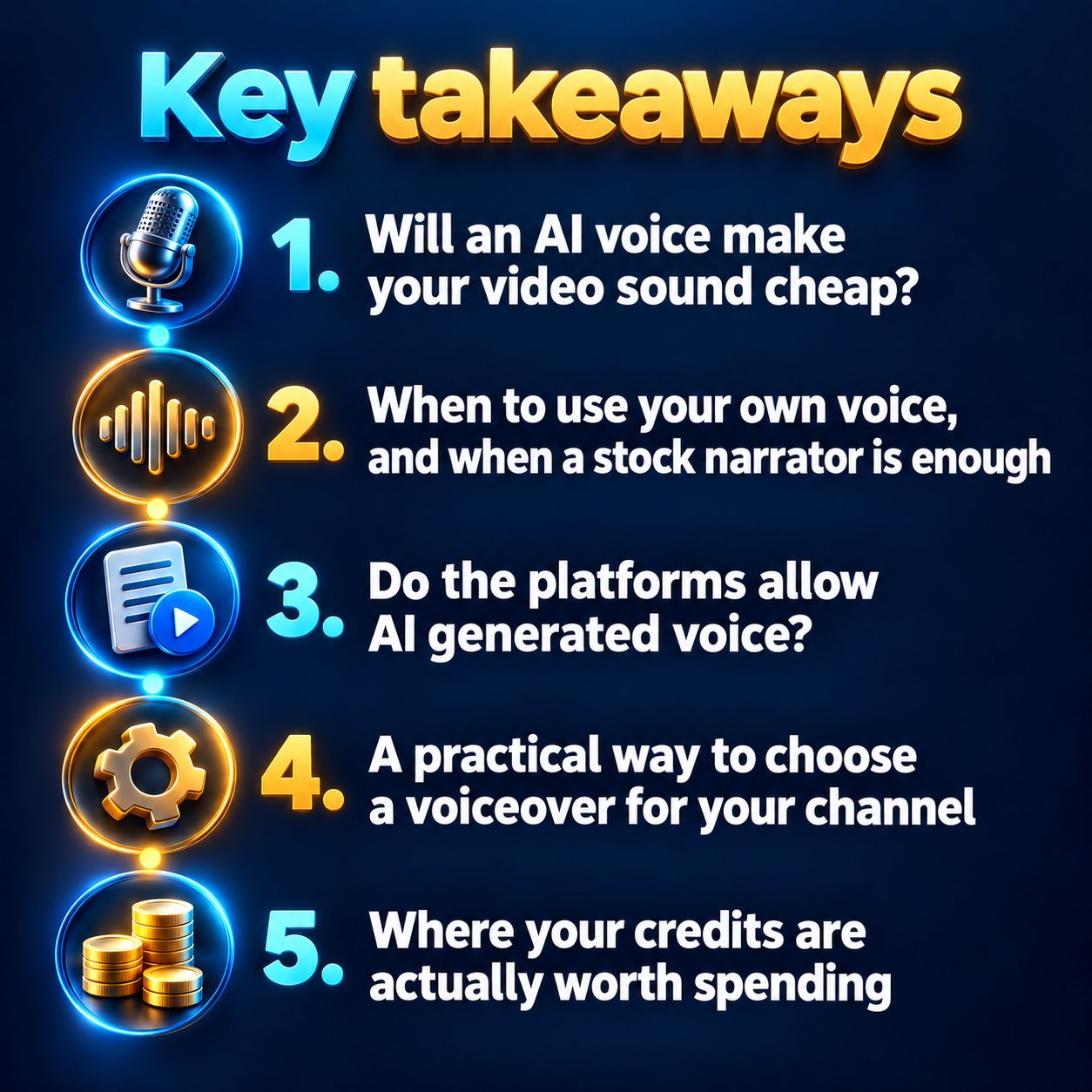 Key takeaways: Will an AI voice make your video sound cheap?; When to use your own voice, and when a stock narrator is enough; Do the platforms allow AI generated voice?; A practical way to choose a voiceover for your channel; Where your credits are actually worth spending