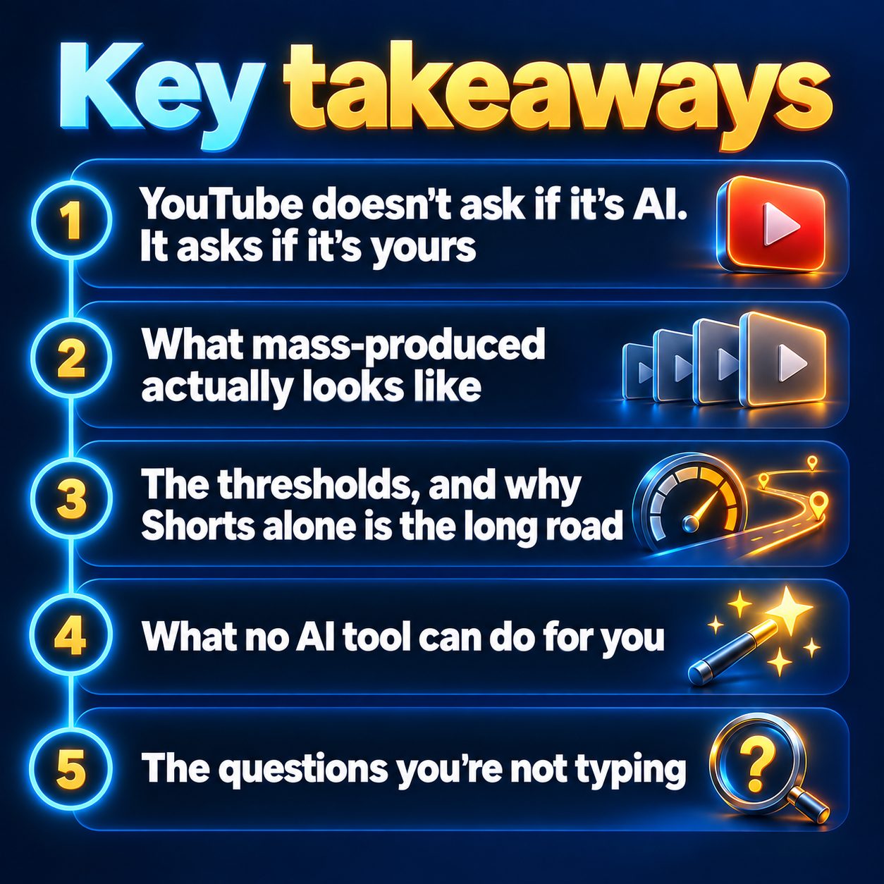 Key takeaways: YouTube doesn't ask if it's AI. It asks if it's yours; What mass-produced actually looks like; The thresholds, and why Shorts alone is the long road; What no AI tool can do for you; The questions you're not typing