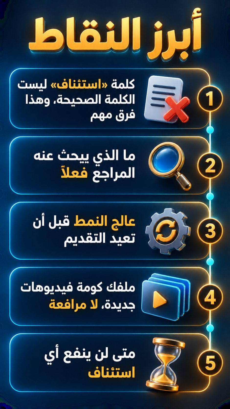 أبرز النقاط: كلمة «استئناف» ليست الكلمة الصحيحة، والفرق مهم; ما الذي يبحث عنه المراجع فعلًا; عالج هذا النمط قبل أن تقدّم من جديد; ملفك مجموعة فيديوهات جديدة، لا مرافعة; متى لن ينفع أي استئناف