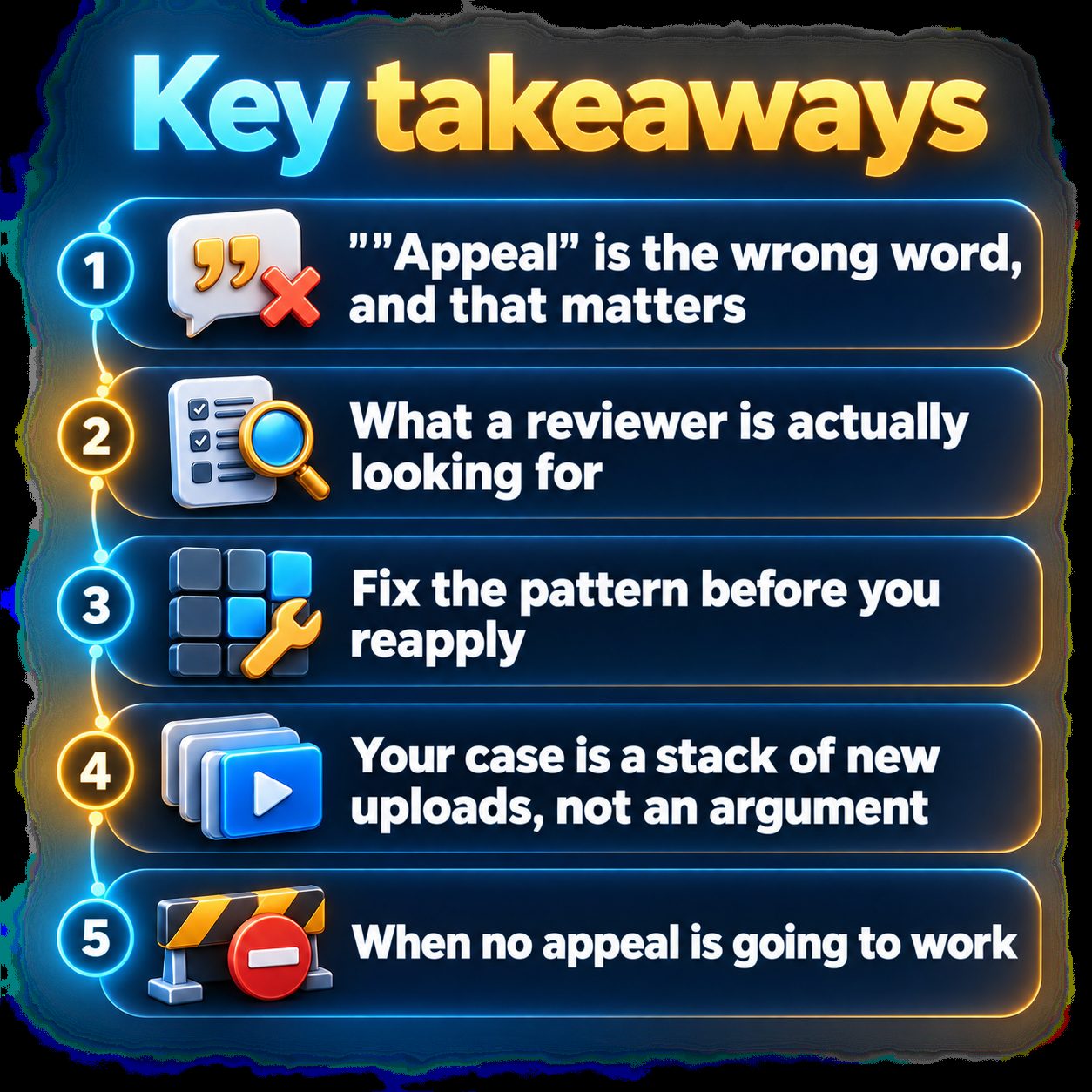 Key takeaways: "Appeal" is the wrong word, and that matters; What a reviewer is actually looking for; Fix the pattern before you reapply; Your case is a stack of new uploads, not an argument; When no appeal is going to work