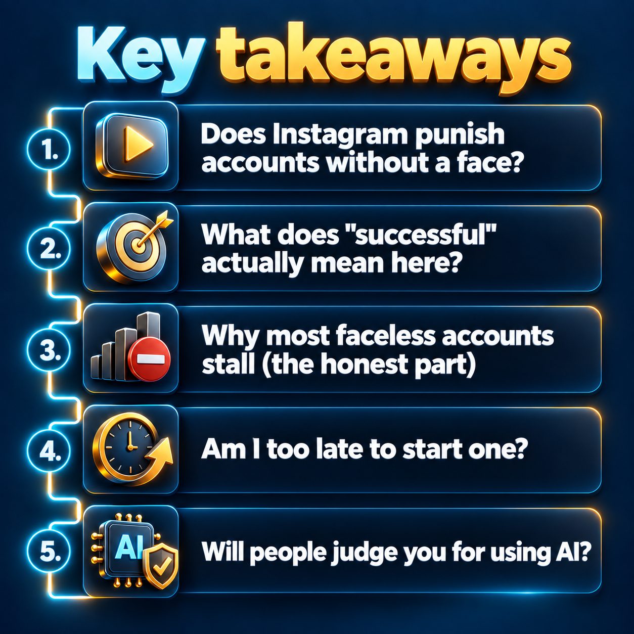 Key takeaways: Does Instagram punish accounts without a face?; What does "successful" actually mean here?; Why most faceless accounts stall (the honest part); Am I too late to start one?; Will people judge you for using AI?