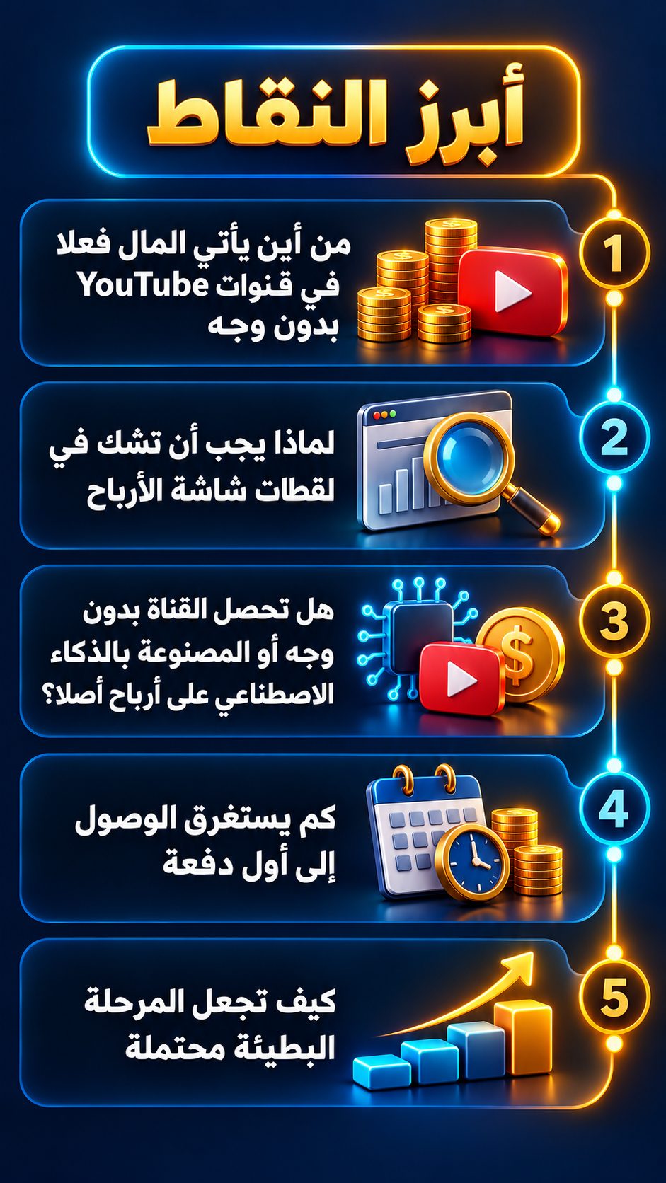 أبرز النقاط: من أين يأتي المال فعلا في قنوات YouTube بدون وجه; لماذا يجب أن تشك في لقطات شاشة الأرباح; هل تحصل القناة بدون وجه أو المصنوعة بالذكاء الاصطناعي على أرباح أصلا؟; كم من الوقت تحتاج حتى تصل أول دفعة; كيف تجعل المرحلة البطيئة محتملة