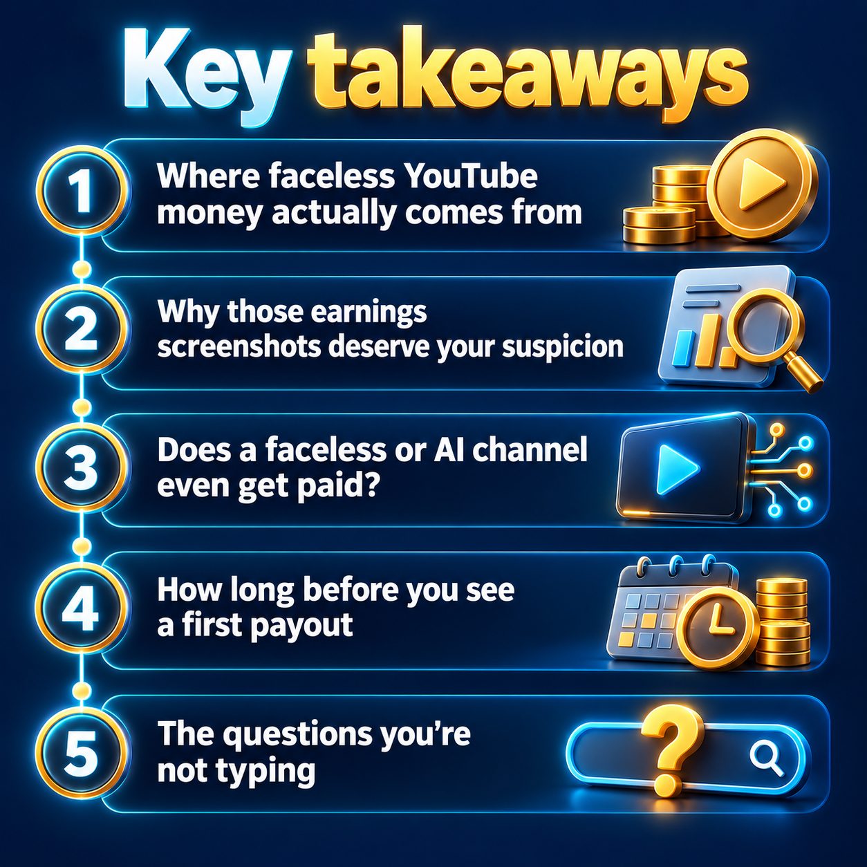 Key takeaways: Where faceless YouTube money actually comes from; Why those earnings screenshots deserve your suspicion; Does a faceless or AI channel even get paid?; How long before you see a first payout; The questions you're not typing
