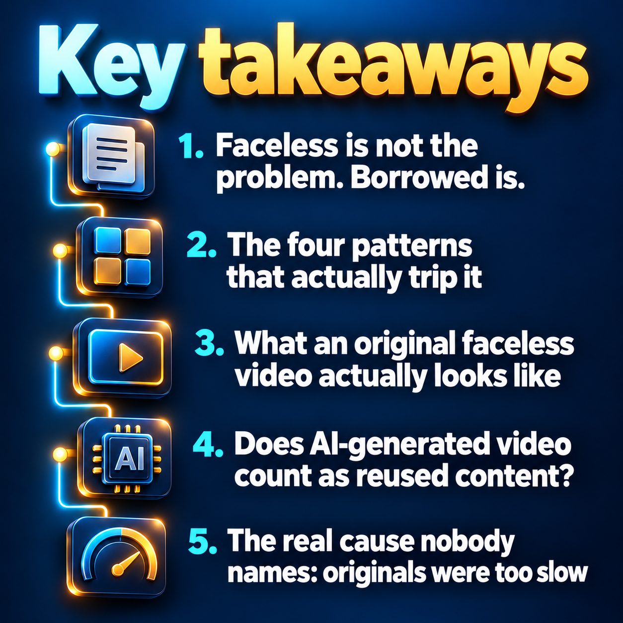 Key takeaways: Faceless is not the problem. Borrowed is.; The four patterns that actually trip it; What an original faceless video actually looks like; Does AI-generated video count as reused content?; The real cause nobody names: originals were too slow