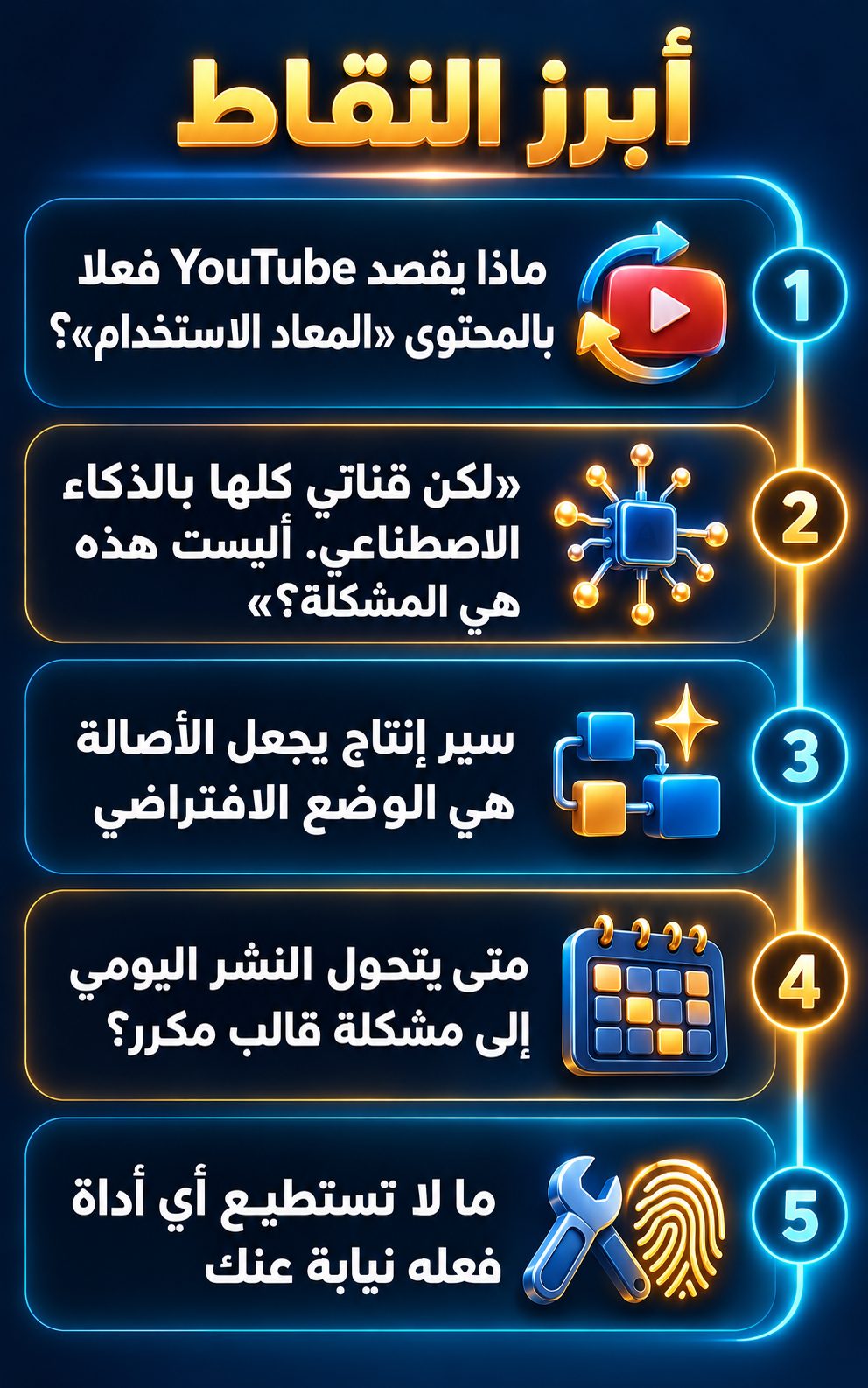 أبرز النقاط: ماذا يقصد YouTube فعلا بالمحتوى «المعاد الاستخدام»؟; «لكن قناتي كلها بالذكاء الاصطناعي. أليست هذه هي المشكلة؟»; خطوات إنتاج تجعل الأصالة هي الوضع الطبيعي; متى يصبح النشر اليومي مشكلة قالب مكرر؟; ما لا تستطيع أي أداة أن تفعله بدلا منك