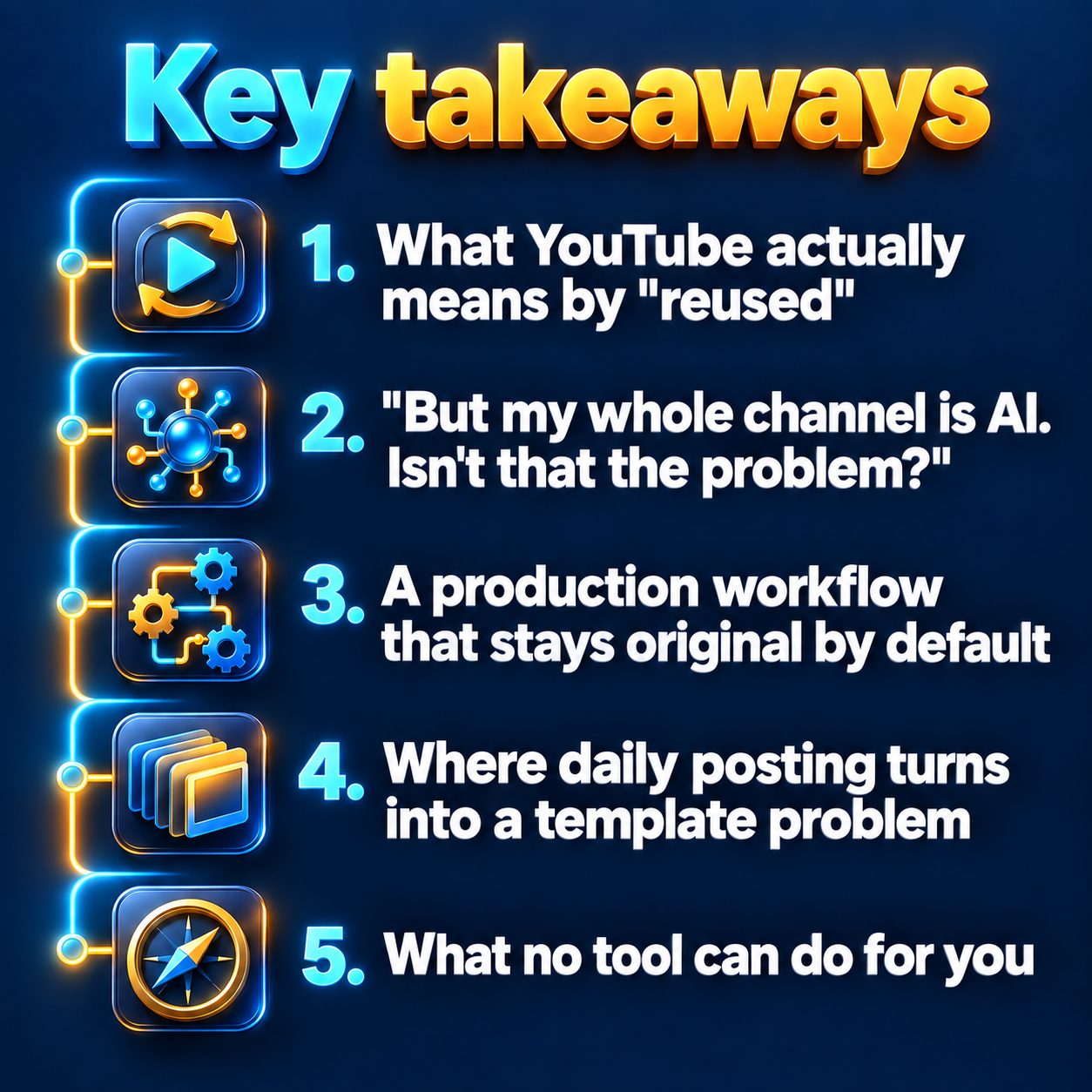 Key takeaways: What YouTube actually means by "reused"; "But my whole channel is AI. Isn't that the problem?"; A production workflow that stays original by default; Where daily posting turns into a template problem; What no tool can do for you