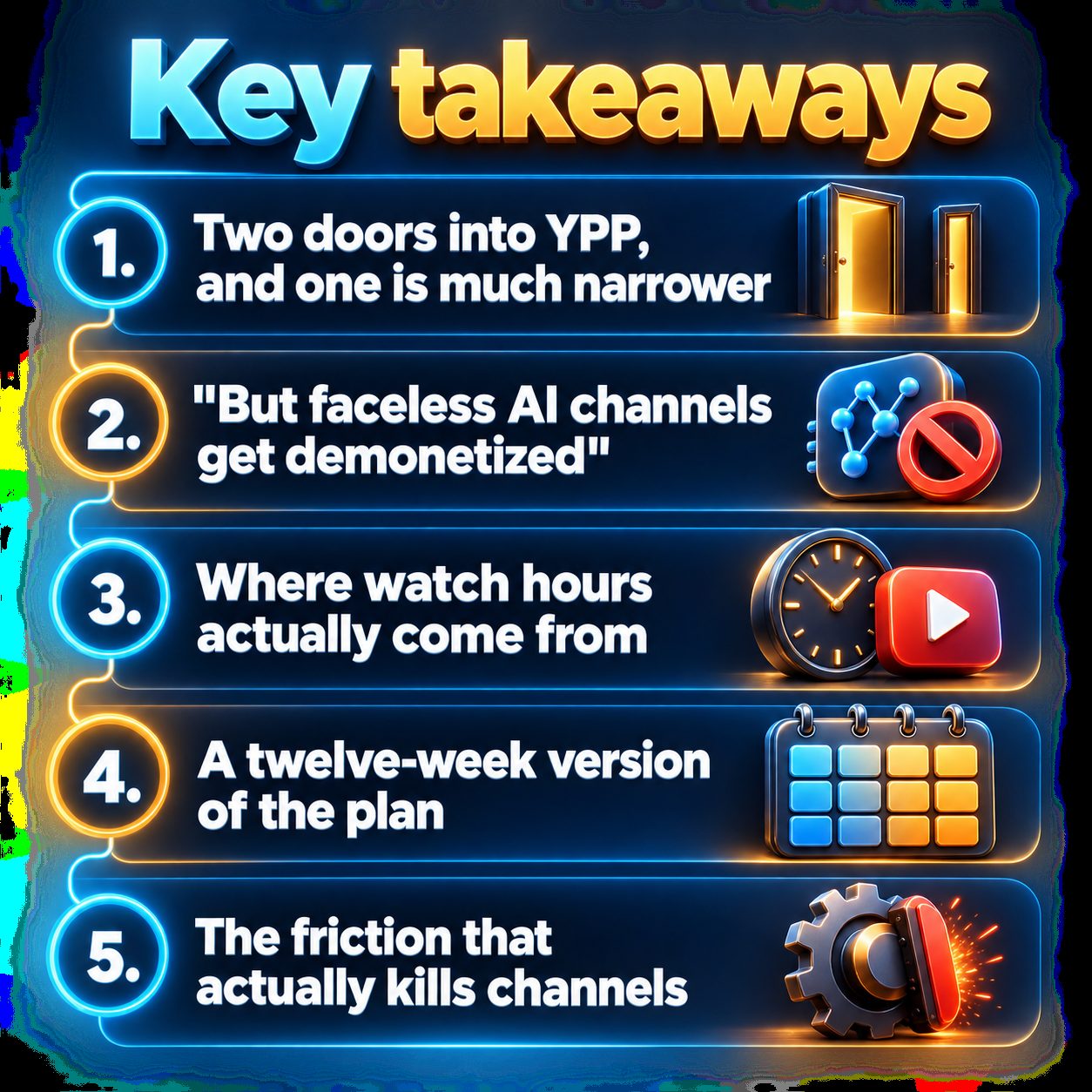 Key takeaways: Two doors into YPP, and one is much narrower; "But faceless AI channels get demonetized"; Where watch hours actually come from; A twelve-week version of the plan; The friction that actually kills channels