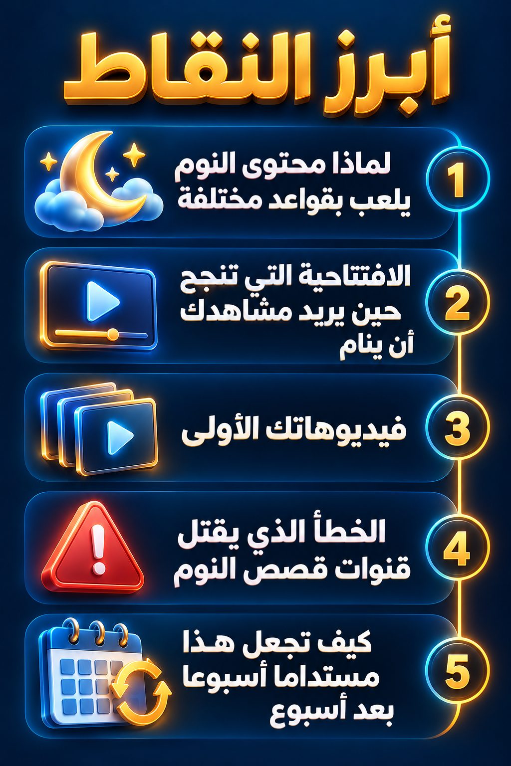 أبرز النقاط: لماذا لمحتوى النوم قواعد مختلفة; البداية التي تنجح حين يريد المشاهد أن ينام; فيديوهاتك الأولى; الخطأ الذي يقتل قنوات قصص النوم; كيف تستمر أسبوعا بعد أسبوع