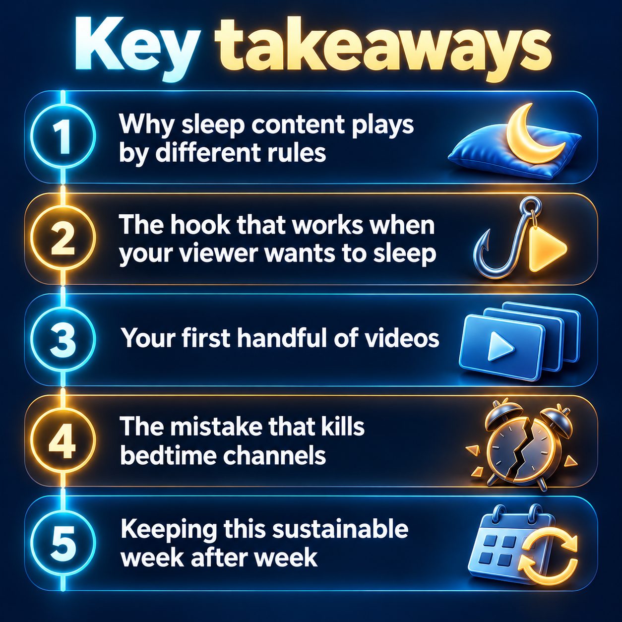 Key takeaways: Why sleep content plays by different rules; The hook that works when your viewer wants to sleep; Your first handful of videos; The mistake that kills bedtime channels; Keeping this sustainable week after week