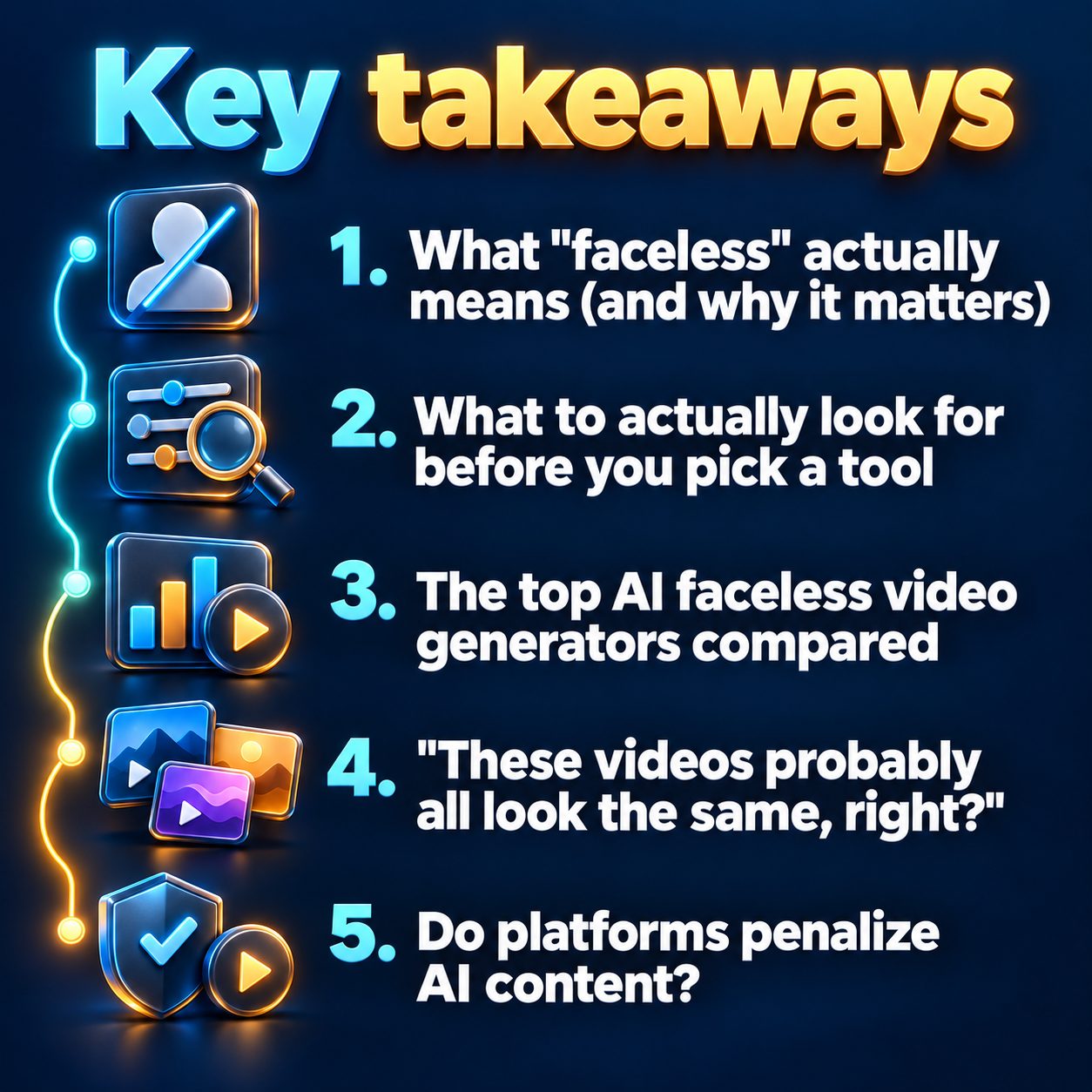 Key takeaways: What "faceless" actually means (and why it matters); What to actually look for before you pick a tool; The top AI faceless video generators compared; "These videos probably all look the same, right?"; Do platforms penalize AI content?