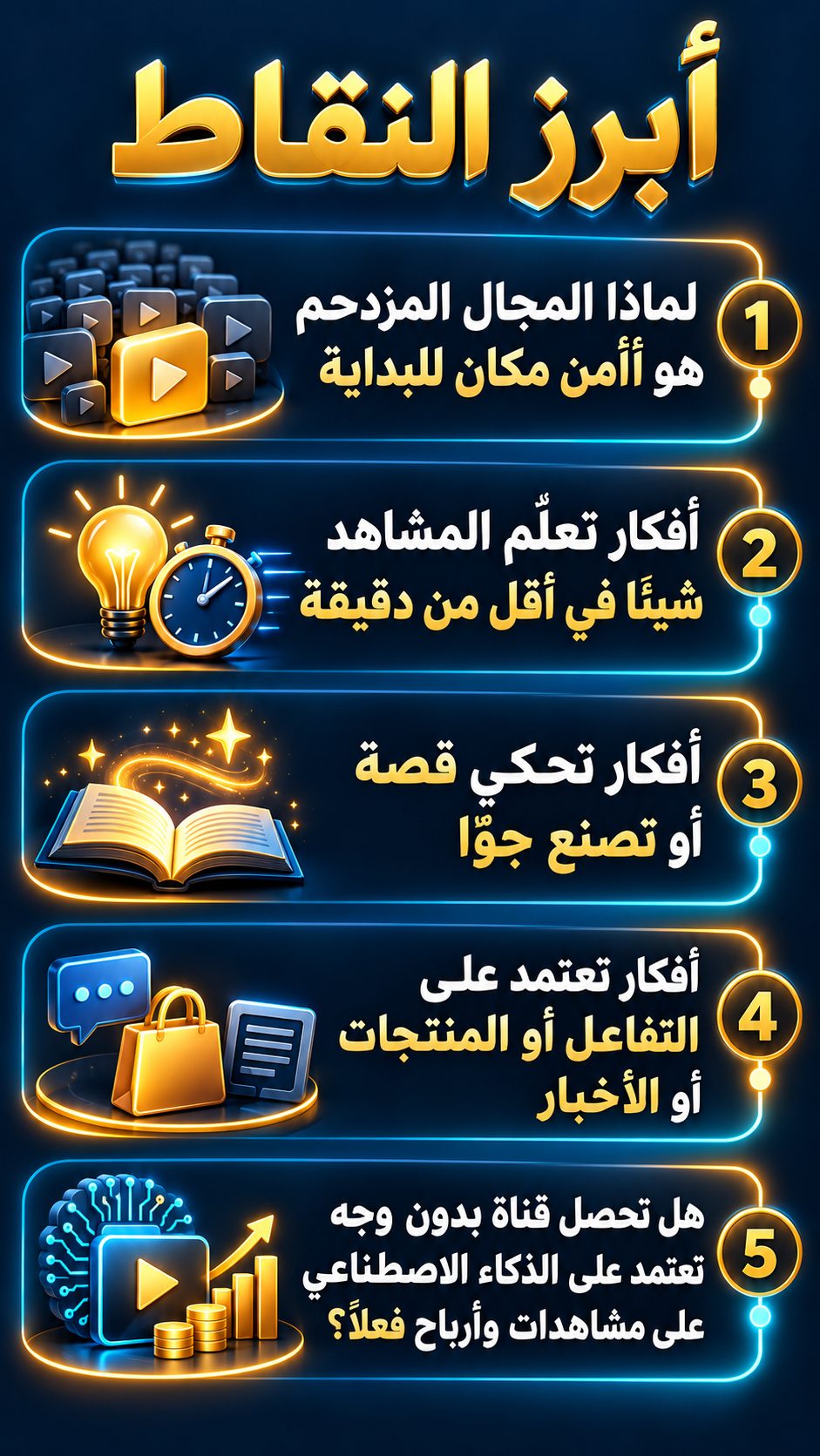 أبرز النقاط: لماذا المجال المزدحم هو أأمن مكان للبداية; أفكار تعلّم المشاهد شيئًا في أقل من دقيقة; أفكار تحكي قصة أو تصنع جوًّا; أفكار تعتمد على التفاعل أو المنتجات أو الأخبار; هل تحصل قناة بدون وجه تعتمد على الذكاء الاصطناعي على مشاهدات وأرباح فعلًا؟