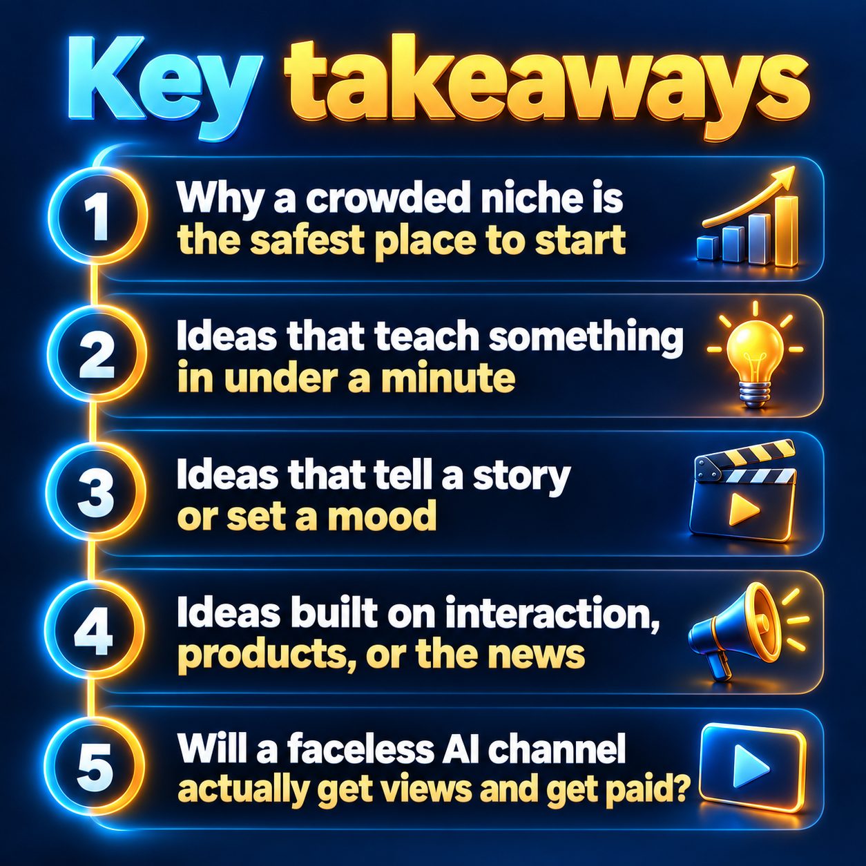 Key takeaways: Why a crowded niche is the safest place to start; Ideas that teach something in under a minute; Ideas that tell a story or set a mood; Ideas built on interaction, products, or the news; Will a faceless AI channel actually get views and get paid?