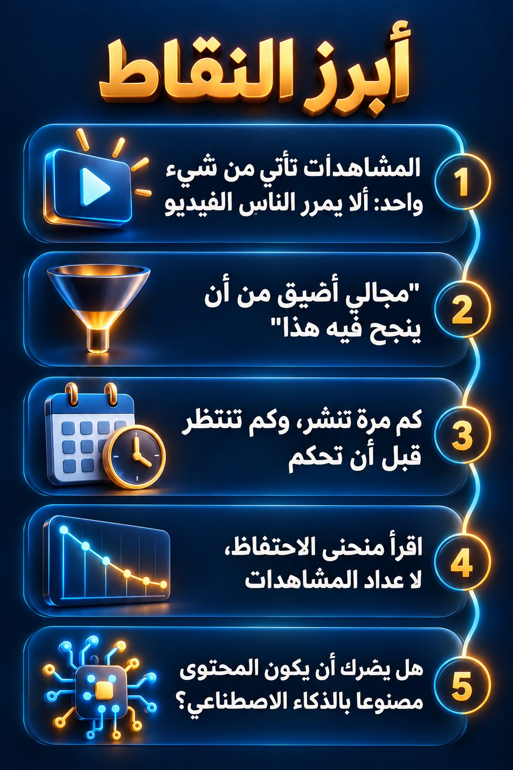 أبرز النقاط: المشاهدات تأتي من شيء واحد: ألا يمرر الناس الفيديو; "مجالي ضيق جدا ولن ينجح فيه هذا"; كم مرة تنشر، وكم تنتظر قبل أن تحكم; اقرأ منحنى الاحتفاظ، لا عدد المشاهدات; هل يضرك أن يكون المحتوى مصنوعا بالذكاء الاصطناعي؟