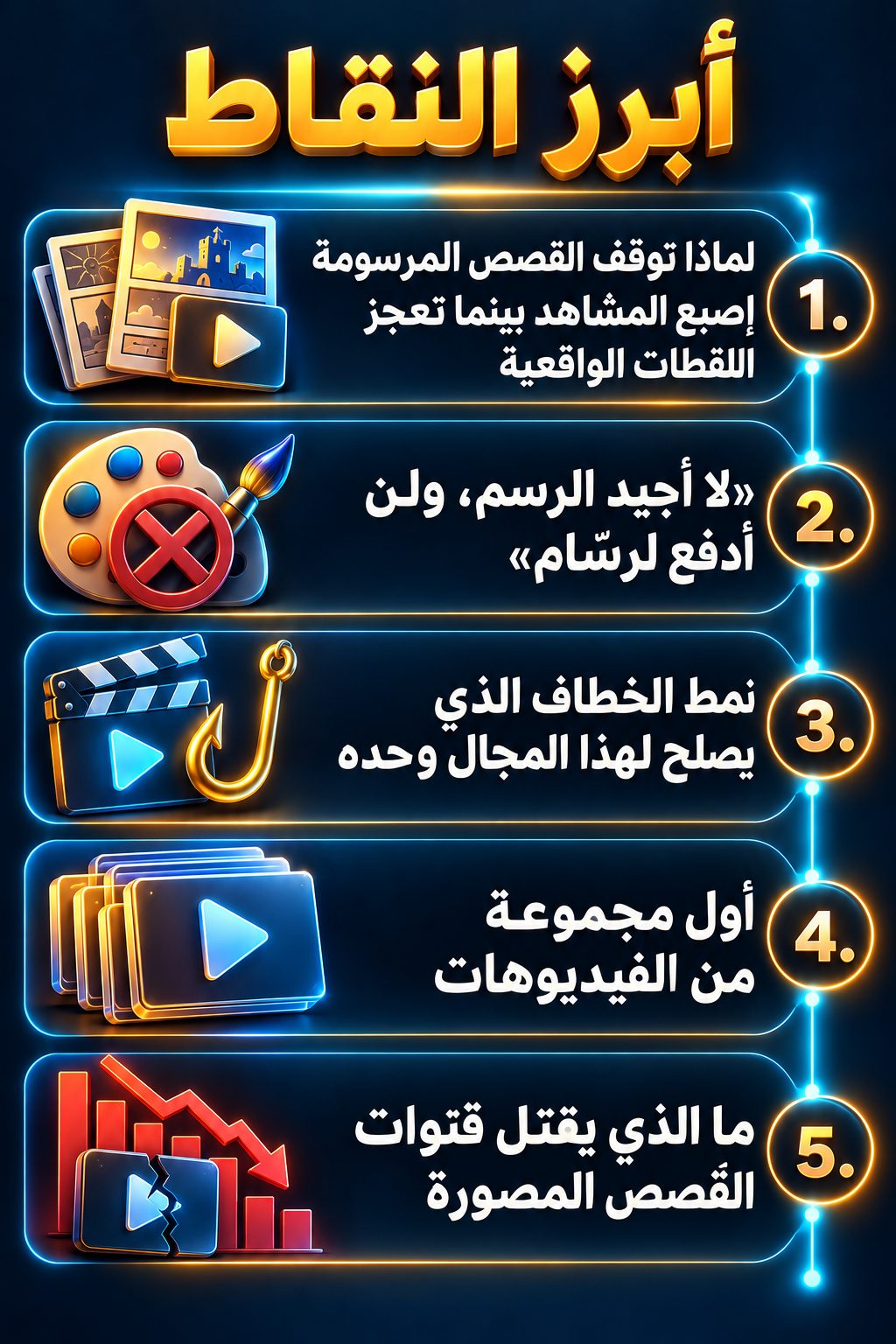 أبرز النقاط: لماذا تجعل القصص المرسومة المشاهد يتوقف، بينما تفشل اللقطات الواقعية; «لا أجيد الرسم، ولن أدفع لرسّام»; طريقة البداية التي تصلح لهذا المجال وحده; أول مجموعة من الفيديوهات; ما الذي يقتل قنوات القصص المصورة