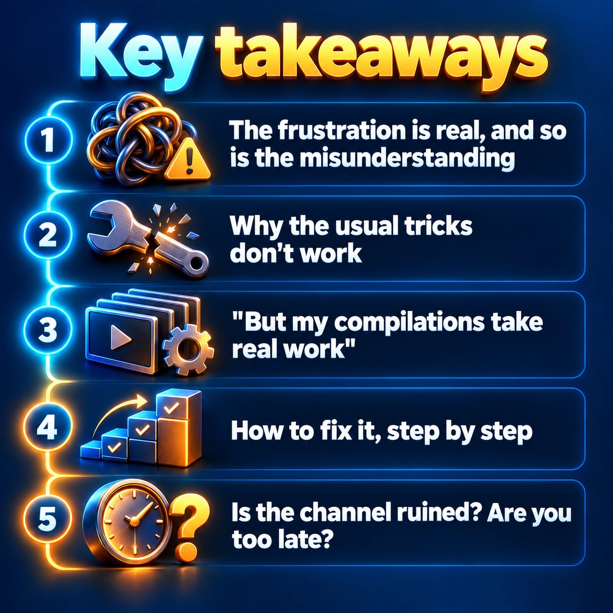 Key takeaways: The frustration is real, and so is the misunderstanding; Why the usual tricks don't work; "But my compilations take real work"; How to fix it, step by step; Is the channel ruined? Are you too late?