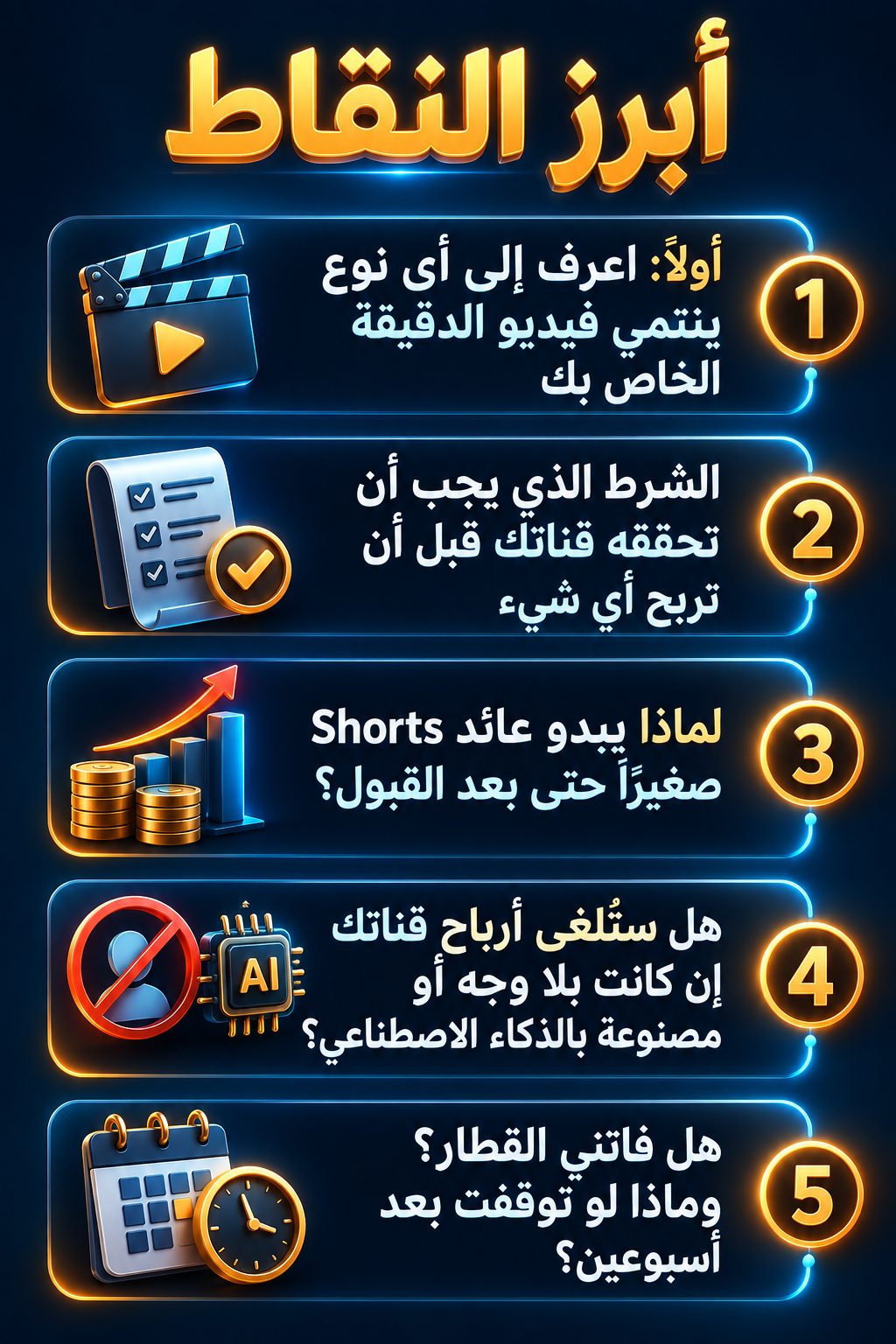 أبرز النقاط: أولًا: اعرف نوع فيديو الدقيقة الذي تصنعه; الشرط الذي تحتاجه قناتك قبل أي ربح; لماذا يبقى ربح Shorts صغيرًا حتى بعد القبول؟; هل يلغي YouTube أرباح قناتك إن كانت بلا وجه أو مصنوعة بالذكاء الاصطناعي؟; هل فاتني الوقت؟ وماذا لو توقفت بعد أسبوعين؟