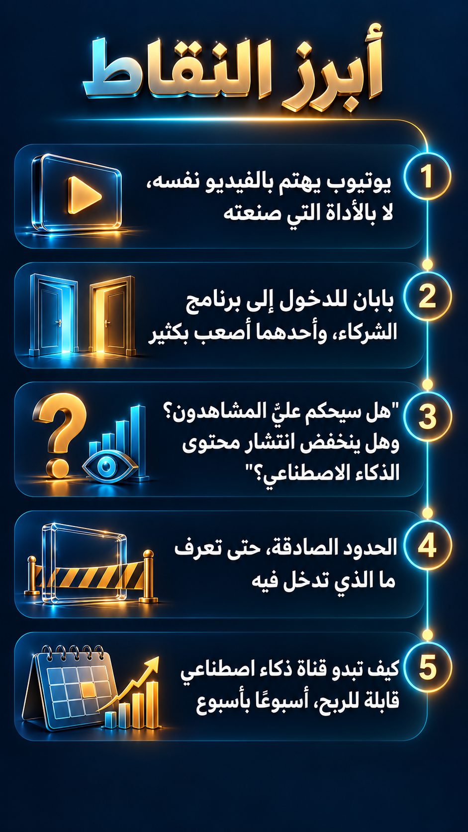 أبرز النقاط: يوتيوب يهتم بالفيديو نفسه، لا بالأداة التي صنعته; بابان للدخول إلى برنامج الشركاء، وأحدهما أصعب بكثير; "هل سيحكم عليّ المشاهدون؟ وهل ينخفض انتشار محتوى الذكاء الاصطناعي؟"; الحدود بصدق، حتى تعرف ما ينتظرك; كيف تبدو قناة ذكاء اصطناعي قابلة للربح، أسبوعًا بعد أسبوع