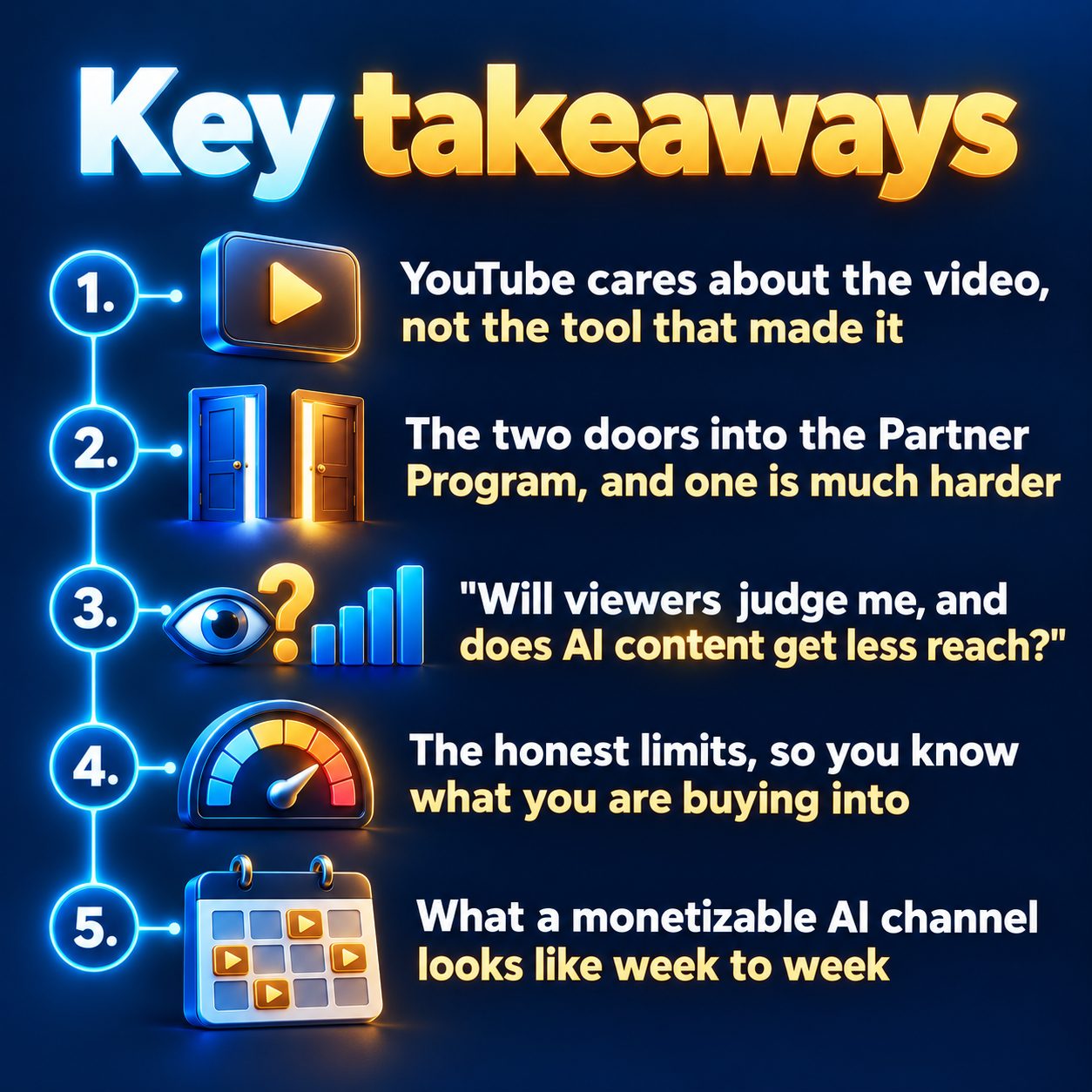 Key takeaways: YouTube cares about the video, not the tool that made it; The two doors into the Partner Program, and one is much harder; "Will viewers judge me, and does AI content get less reach?"; The honest limits, so you know what you are buying into; What a monetizable AI channel looks like week to week