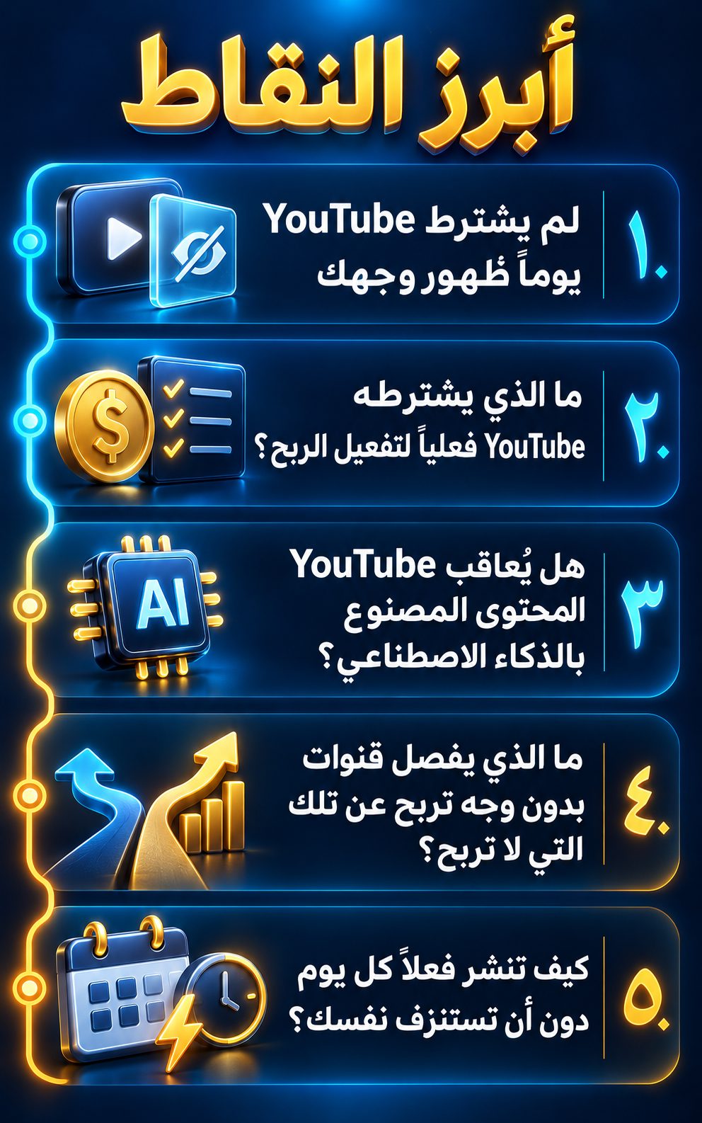 أبرز النقاط: YouTube لم يشترط يوماً ظهور وجهك; ما الذي يشترطه YouTube فعلاً لتفعيل الربح؟; هل يعاقب YouTube المحتوى المصنوع بالذكاء الاصطناعي؟; ما الفرق بين قنوات بدون وجه تربح وقنوات لا تربح؟; كيف تنشر كل يوم دون أن تُرهق نفسك؟
