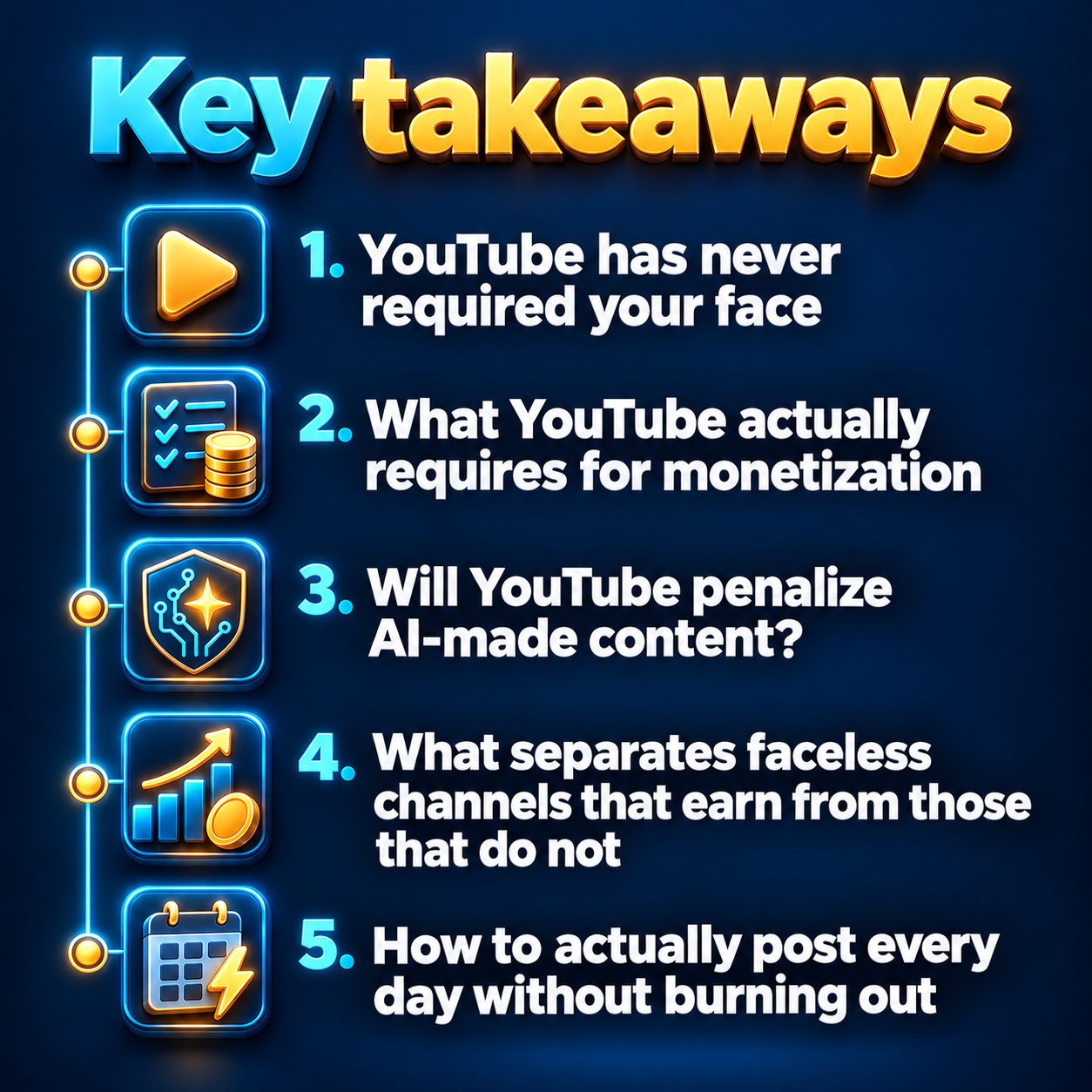 Key takeaways: YouTube has never required your face; What YouTube actually requires for monetization; Will YouTube penalize AI-made content?; What separates faceless channels that earn from those that do not; How to actually post every day without burning out