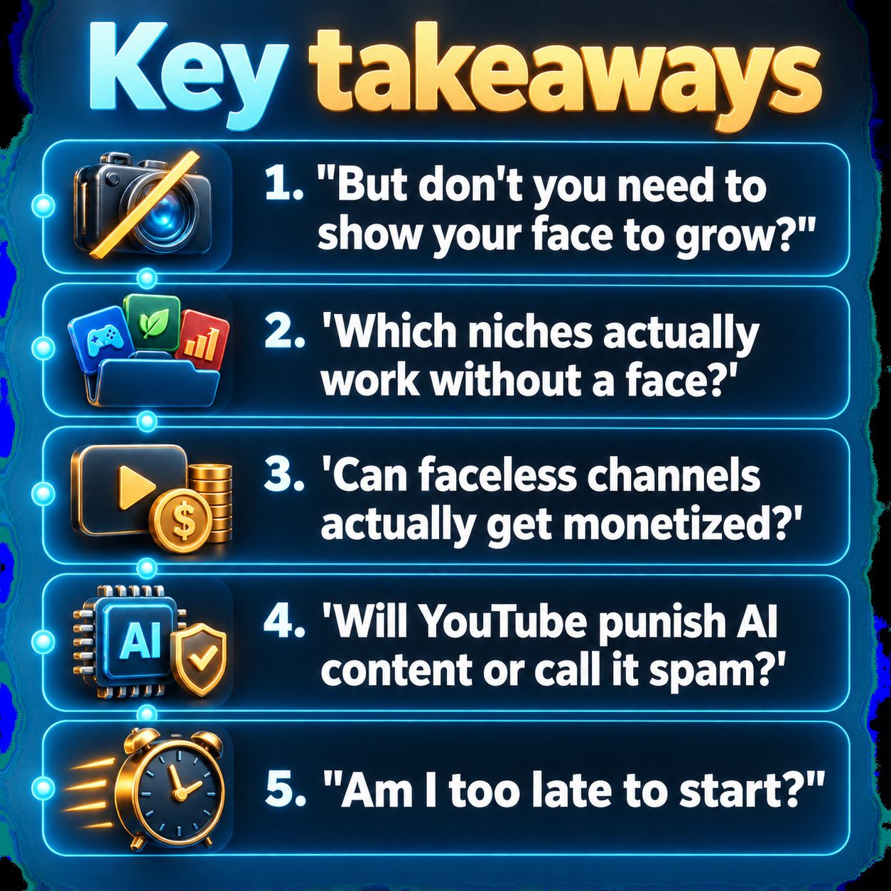 Key takeaways: "But don't you need to show your face to grow?"; Which niches actually work without a face?; Can faceless channels actually get monetized?; Will YouTube punish AI content or call it spam?; "Am I too late to start?"