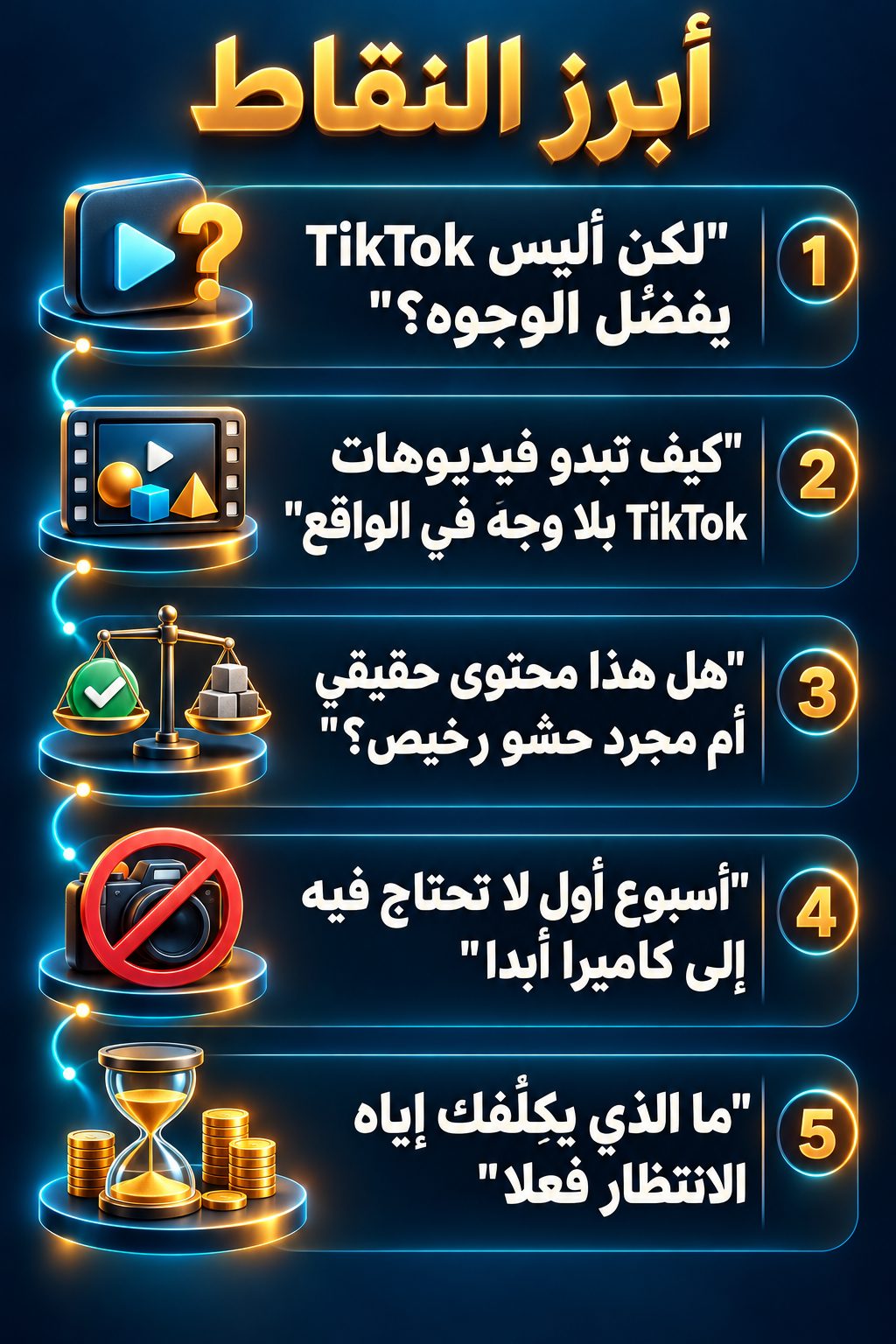 أبرز النقاط: "لكن أليس TikTok يفضّل الوجوه؟"; كيف تبدو فيديوهات TikTok بلا وجه في الواقع; هل هذا محتوى حقيقي أم مجرد حشو رخيص؟; أسبوع أول لا تحتاج فيه إلى كاميرا أبدا; ما الذي يكلّفك إياه الانتظار فعلا