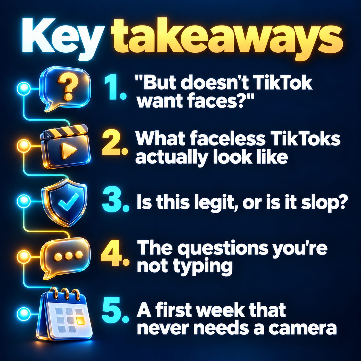 Key takeaways: "But doesn't TikTok want faces?"; What faceless TikToks actually look like; Is this legit, or is it slop?; The questions you're not typing; A first week that never needs a camera