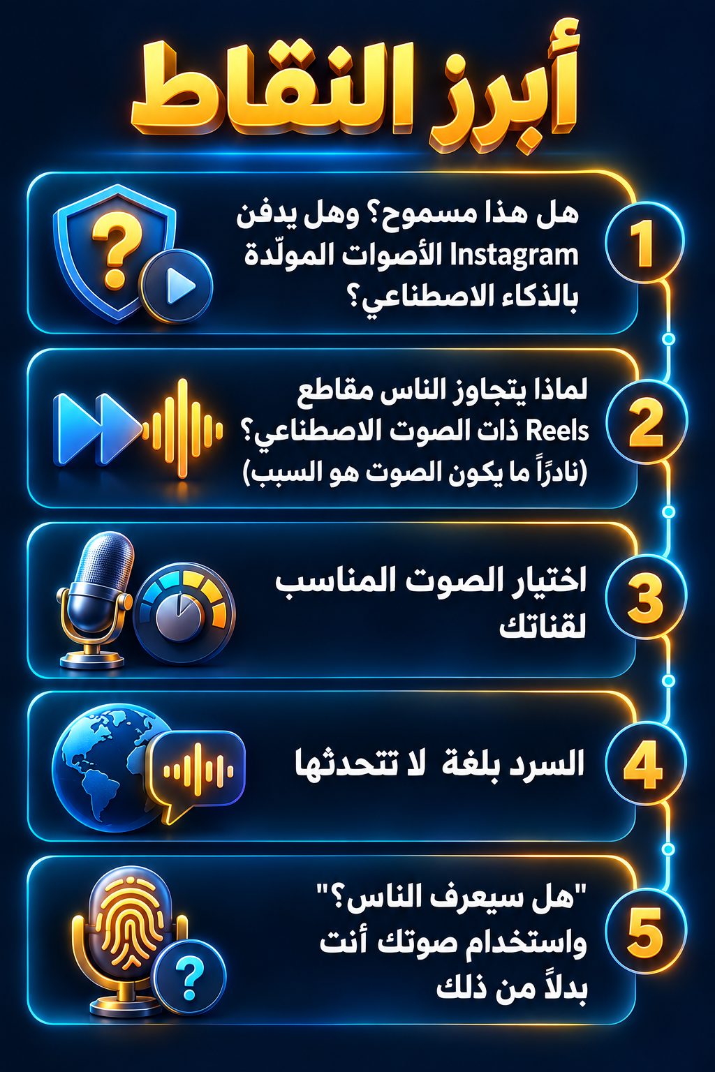 أبرز النقاط: هل هذا مسموح؟ وهل يقلّل Instagram انتشار الأصوات المولّدة بالذكاء الاصطناعي؟; لماذا يتخطى الناس مقاطع Reels بصوت اصطناعي؟ (الصوت نادرًا ما يكون السبب); اختيار الصوت المناسب لقناتك; السرد بلغة لا تتحدثها; "هل سيعرف الناس؟" واستخدام صوتك أنت بدلًا من ذلك