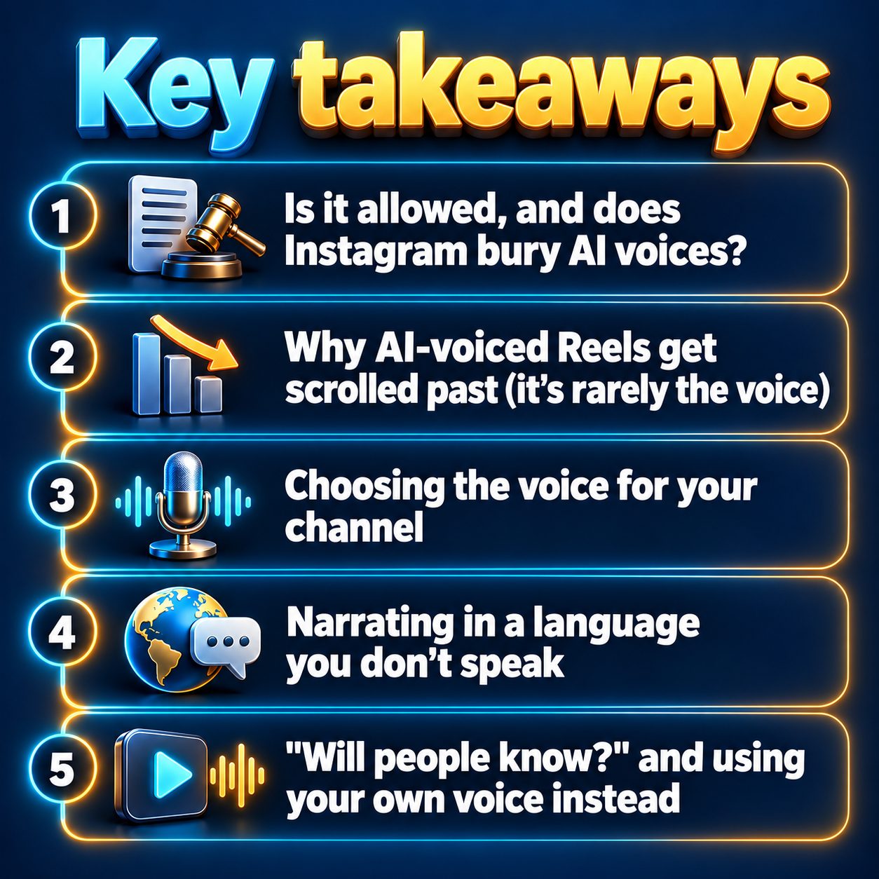 Key takeaways: Is it allowed, and does Instagram bury AI voices?; Why AI-voiced Reels get scrolled past (it's rarely the voice); Choosing the voice for your channel; Narrating in a language you don't speak; "Will people know?" and using your own voice instead