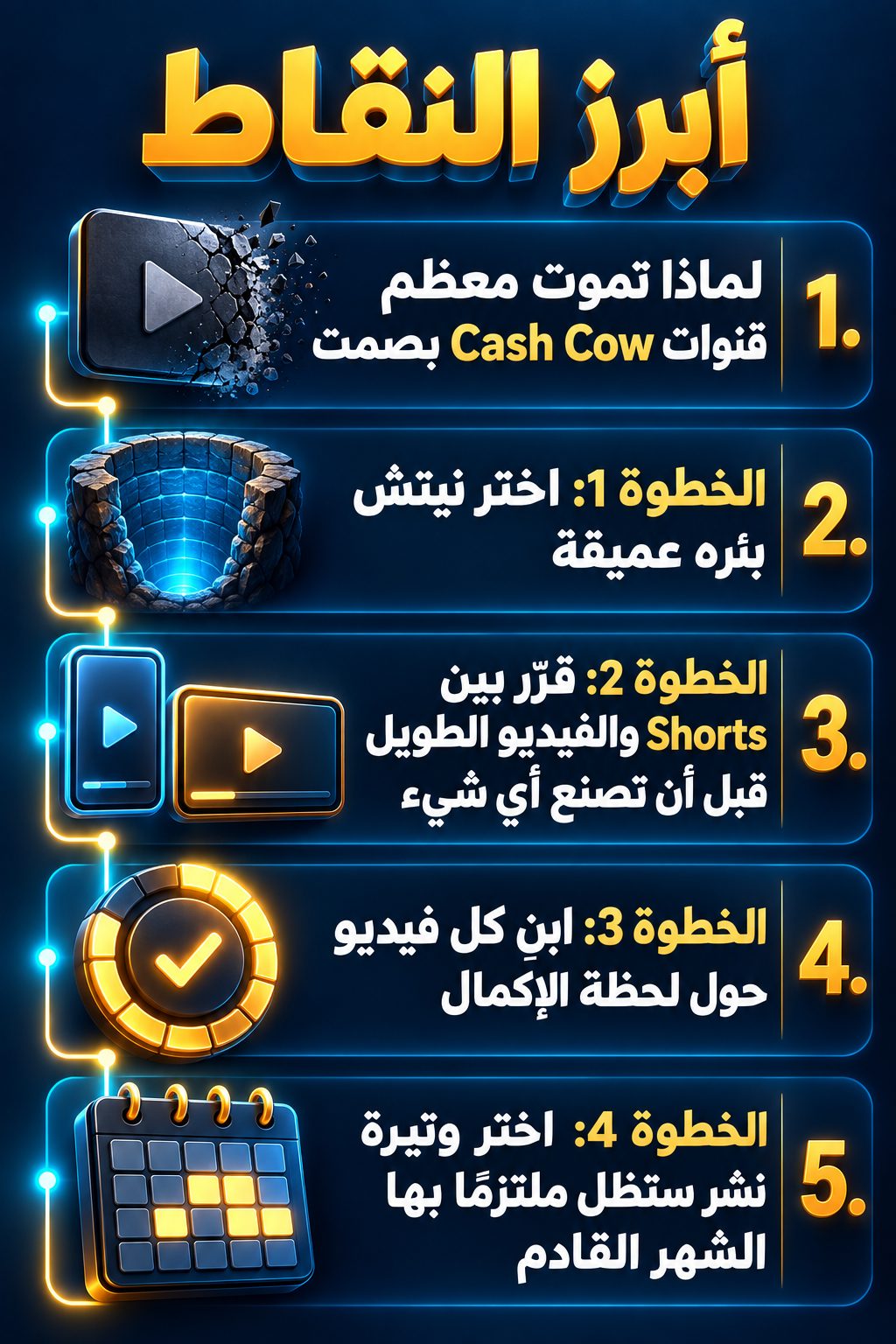 أبرز النقاط: لماذا تموت معظم قنوات Cash Cow بصمت; الخطوة 1: اختر نيتش فيه أفكار لا تنتهي; الخطوة 2: اختر بين Shorts والفيديو الطويل قبل أن تبدأ; الخطوة 3: اصنع كل فيديو بحيث يكمله المشاهد; الخطوة 4: اختر وتيرة نشر تستطيع الالتزام بها الشهر القادم